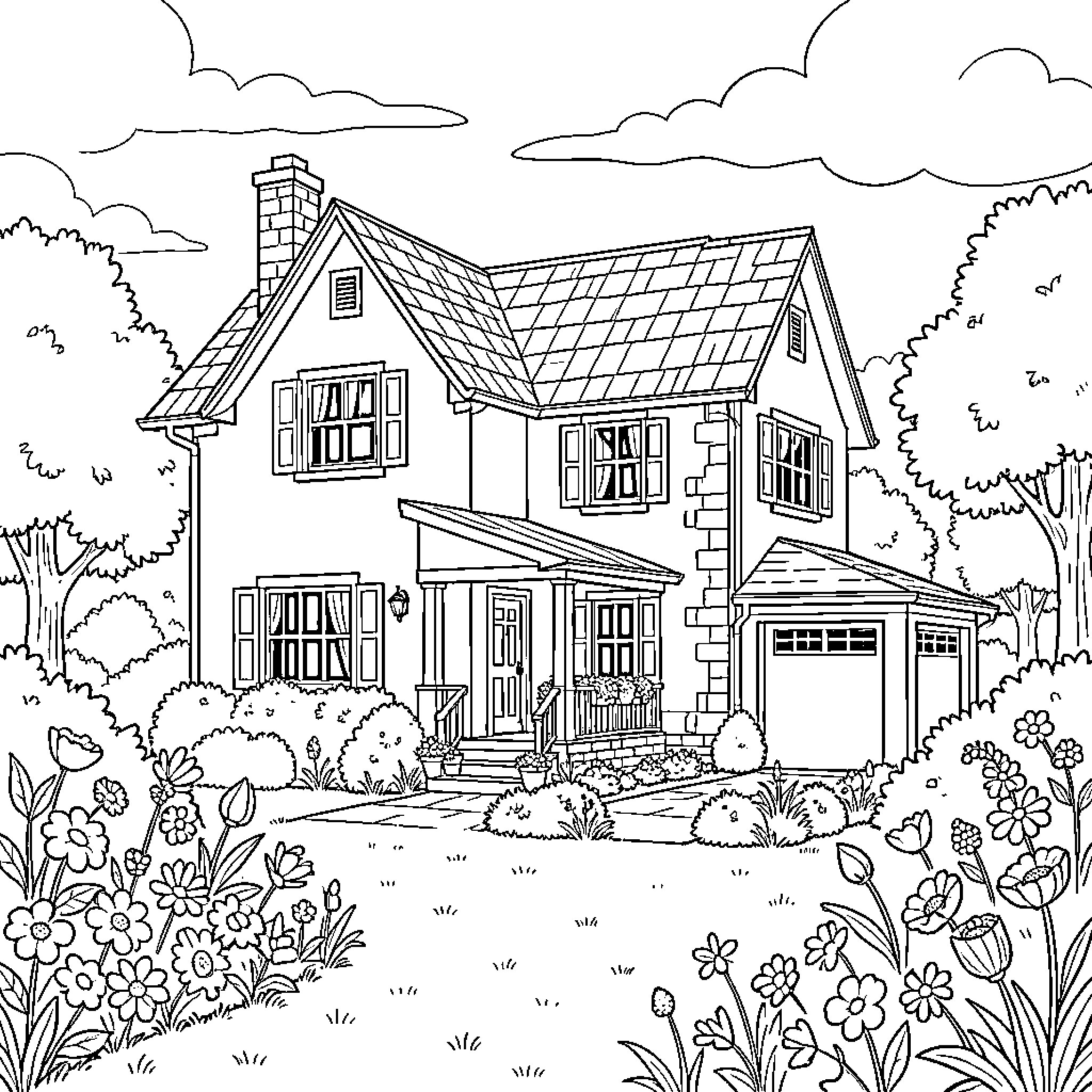 House surrounded by blooming flowers and lush trees Coloring Page (free black-and-white line drawing printable PDF for all, from beginners to advanced learners, including children, teens, adults, and seniors)