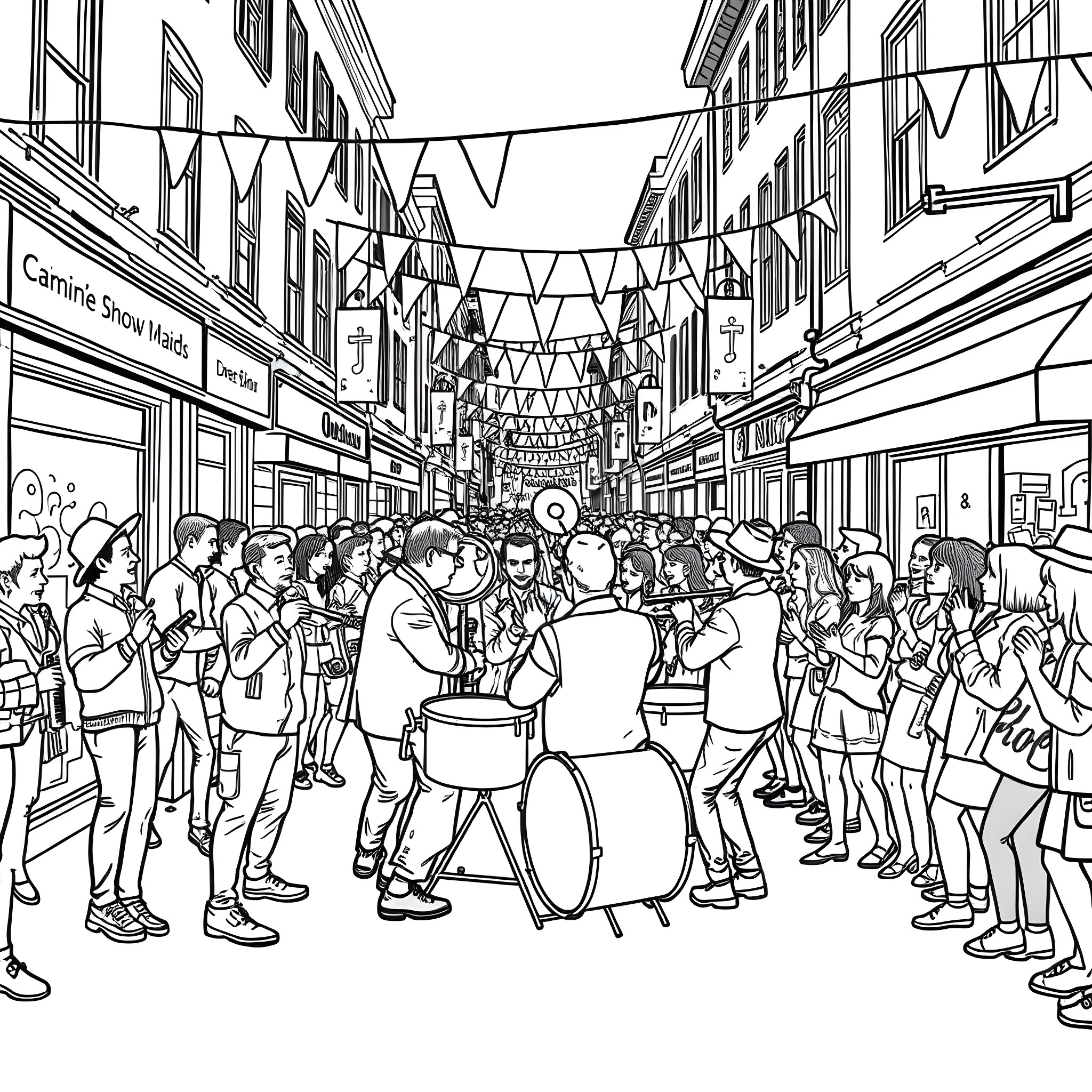 Band performing lively in crowded street festival Coloring Page (free black-and-white line drawing printable PDF for all, from beginners to advanced learners, including children, teens, adults, and seniors)
