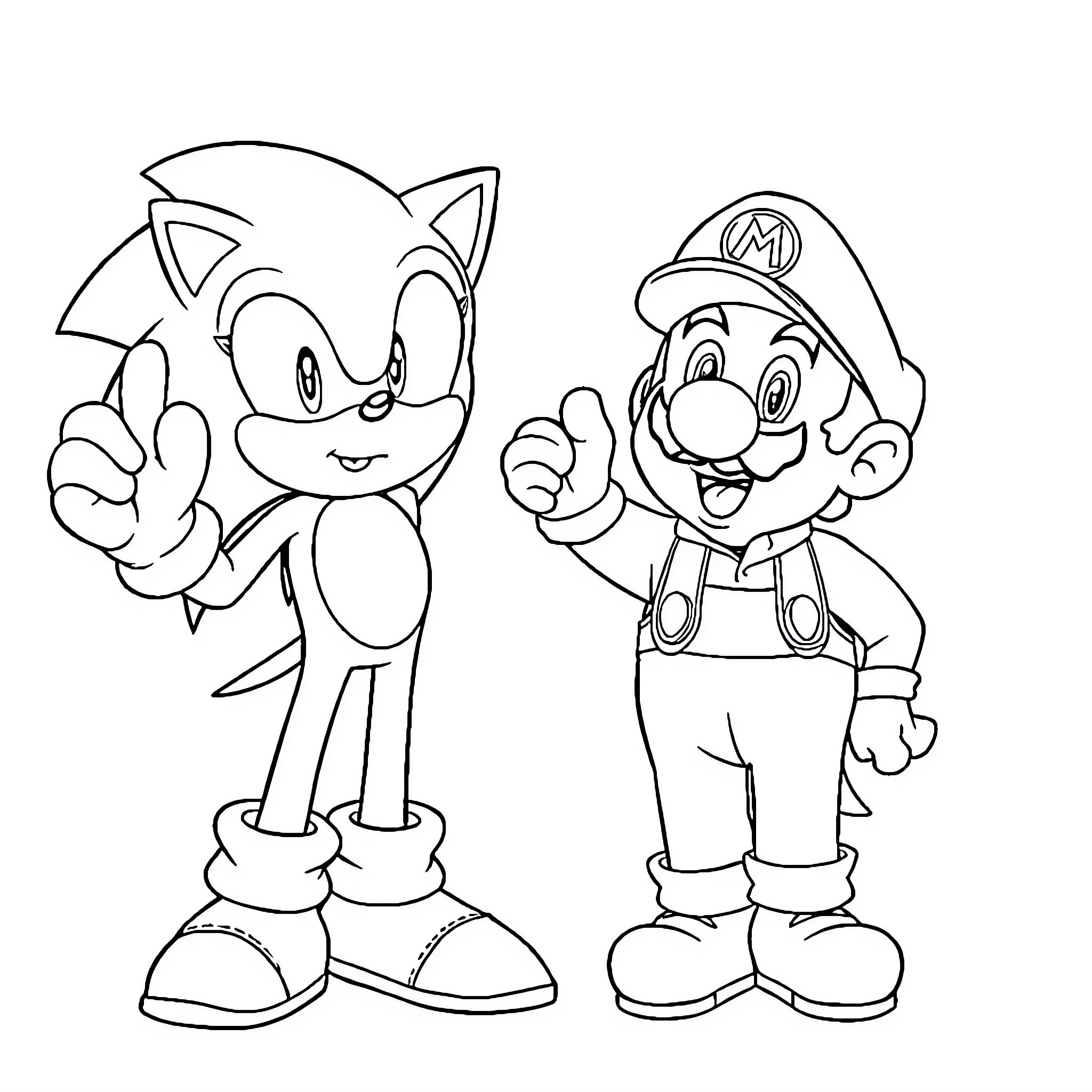 Sonic and Mario: Iconic Video Game Characters Coloring Page (free black-and-white line drawing printable PDF for all, from beginners to advanced learners, including children, teens, adults, and seniors)