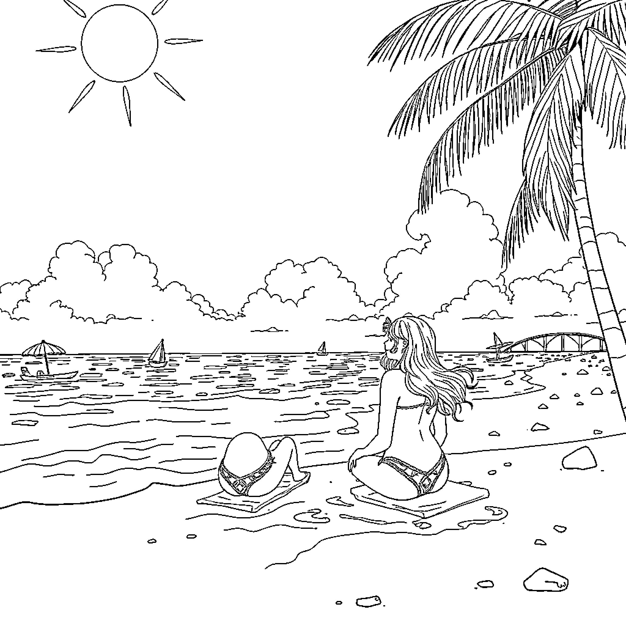 Girl enjoying peaceful beach scene Coloring Page (free black-and-white line drawing printable PDF for all, from beginners to advanced learners, including children, teens, adults, and seniors)