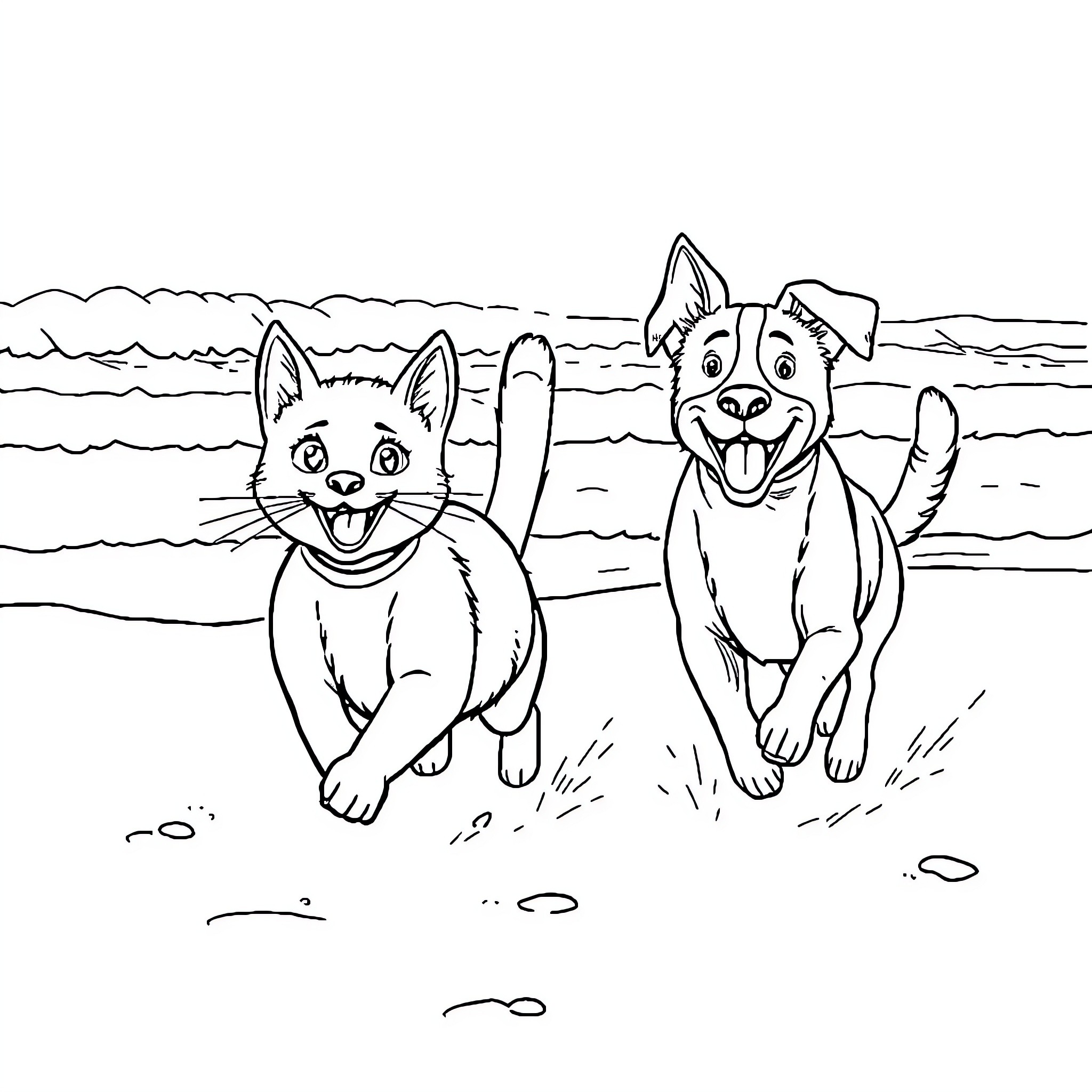 Cat and dog playing happily on the beach Coloring Page (free black-and-white line drawing printable PDF for all, from beginners to advanced learners, including children, teens, adults, and seniors)