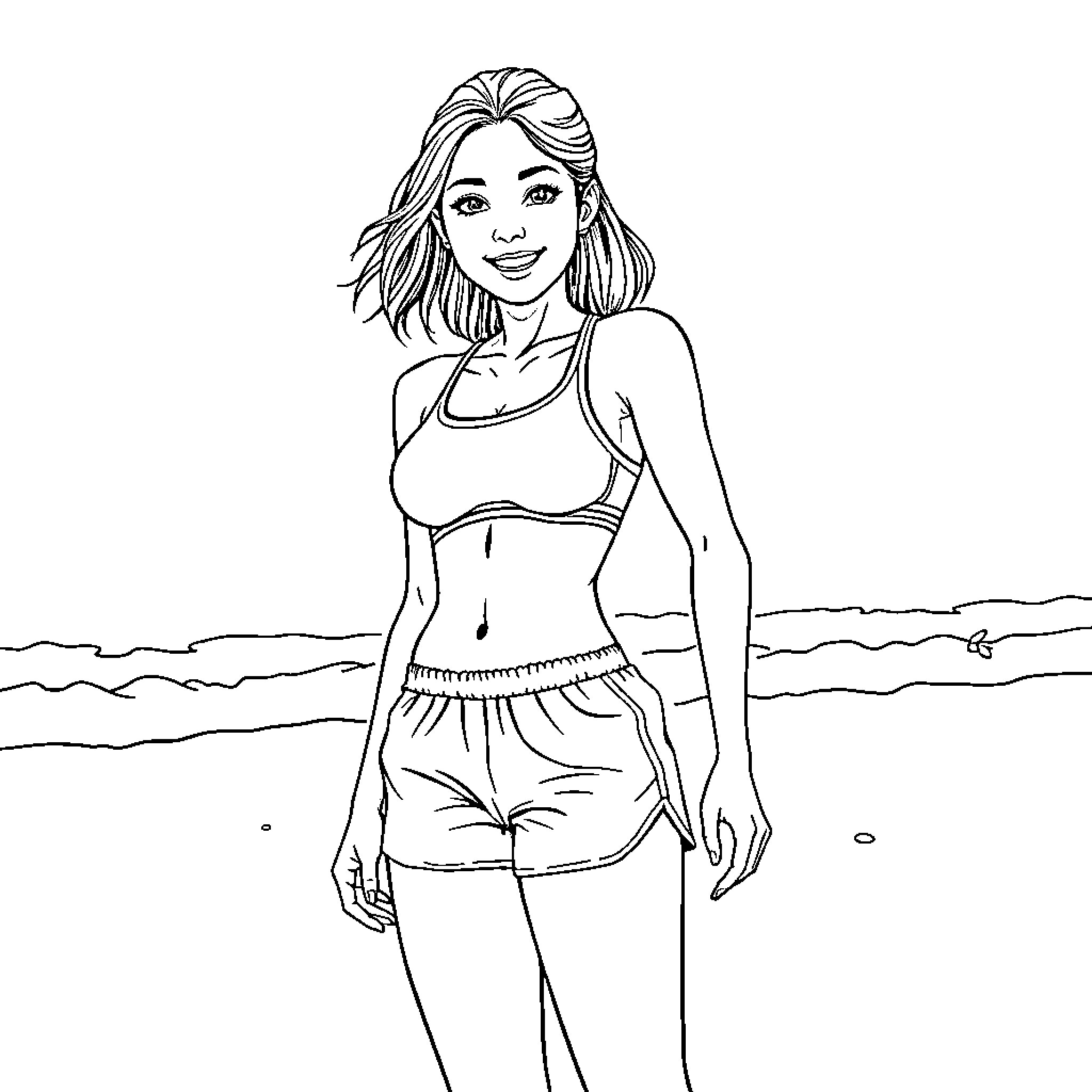 Asian woman in casual beach attire Coloring Page (free black-and-white line drawing printable PDF for all, from beginners to advanced learners, including children, teens, adults, and seniors)