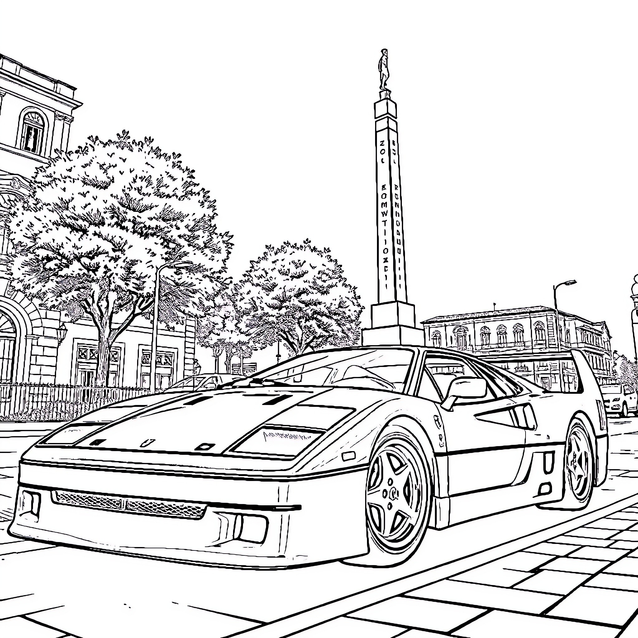Ferrari sports car on city street with landmark Coloring Page (free black-and-white line drawing printable PDF for all, from beginners to advanced learners, including children, teens, adults, and seniors)