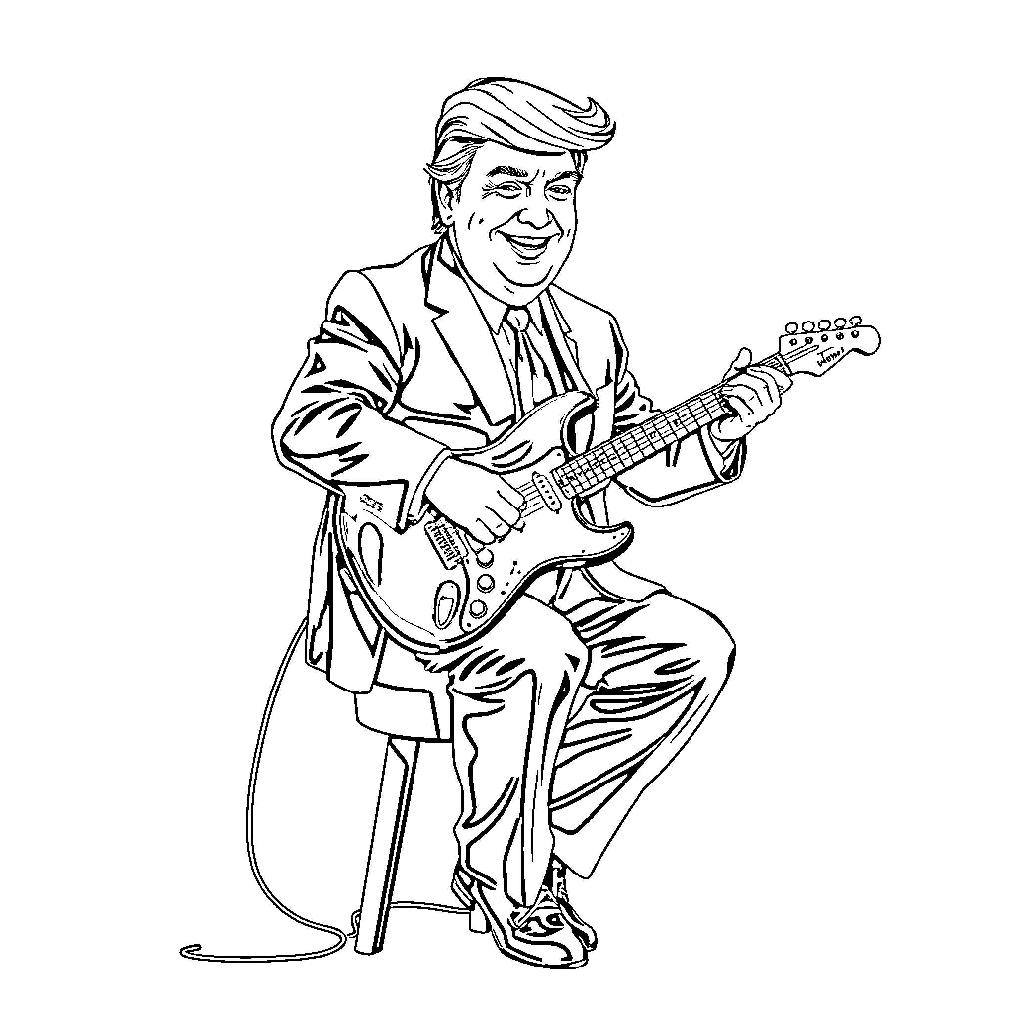 Donald Trump Performing on Stage with Guitar Coloring Page (free black-and-white line drawing printable PDF for all, from beginners to advanced learners, including children, teens, adults, and seniors)