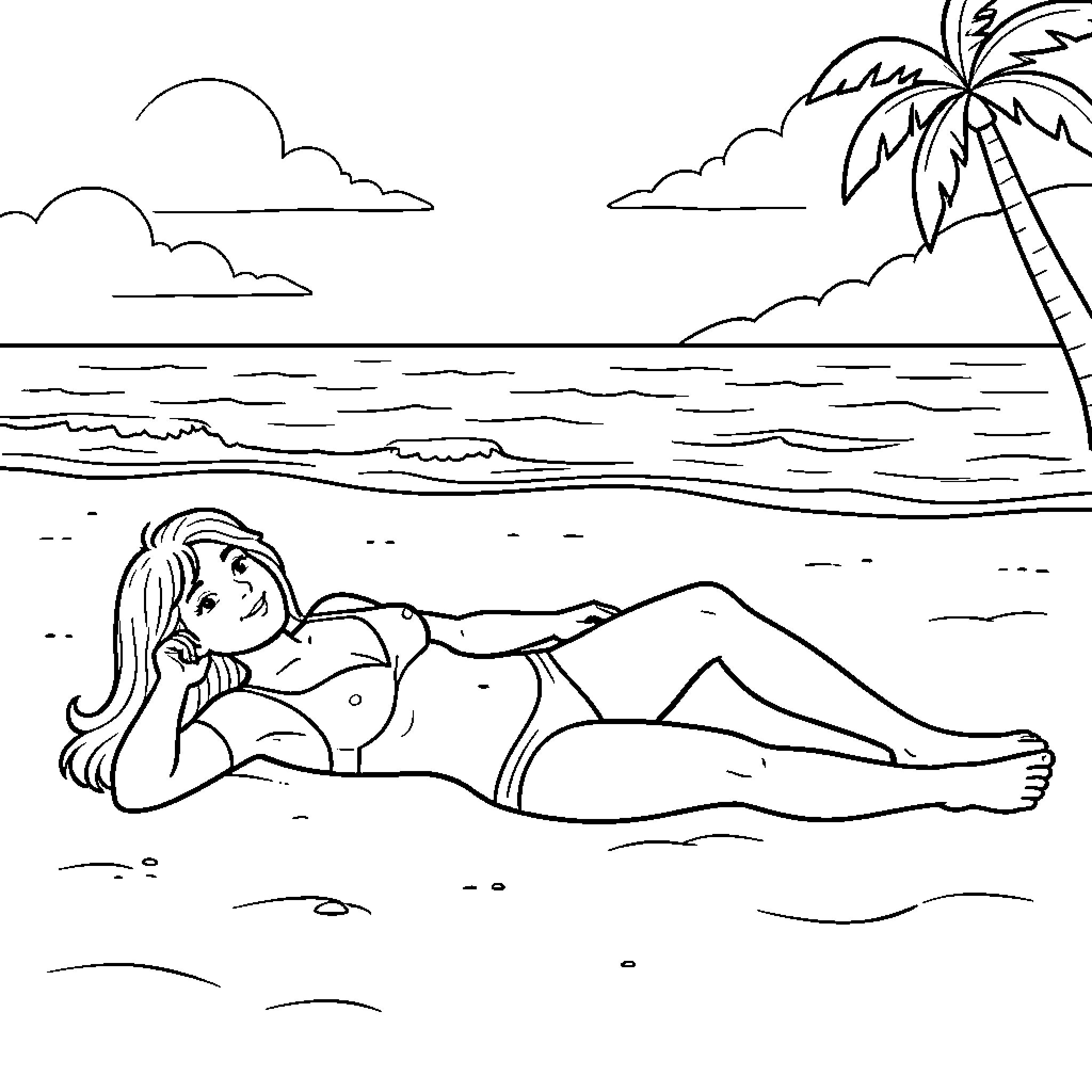 Shamir relaxing on the beach under palm trees Coloring Page (free black-and-white line drawing printable PDF for all, from beginners to advanced learners, including children, teens, adults, and seniors)