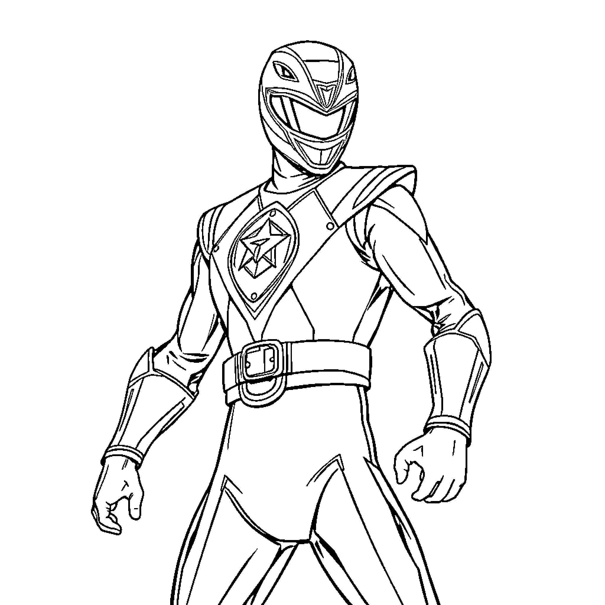 Power Ranger in heroic action pose Coloring Page (free black-and-white line drawing printable PDF for all, from beginners to advanced learners, including children, teens, adults, and seniors)