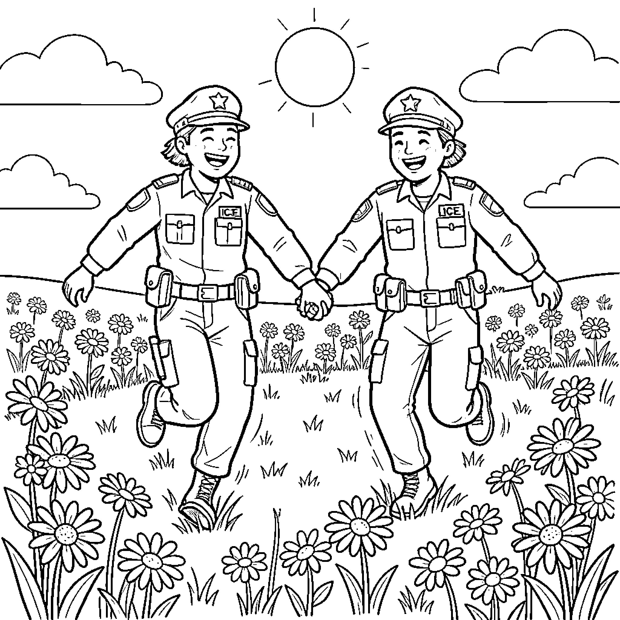 Ice Agent Policing the Floral Meadow Coloring Page (free black-and-white line drawing printable PDF for all, from beginners to advanced learners, including children, teens, adults, and seniors)