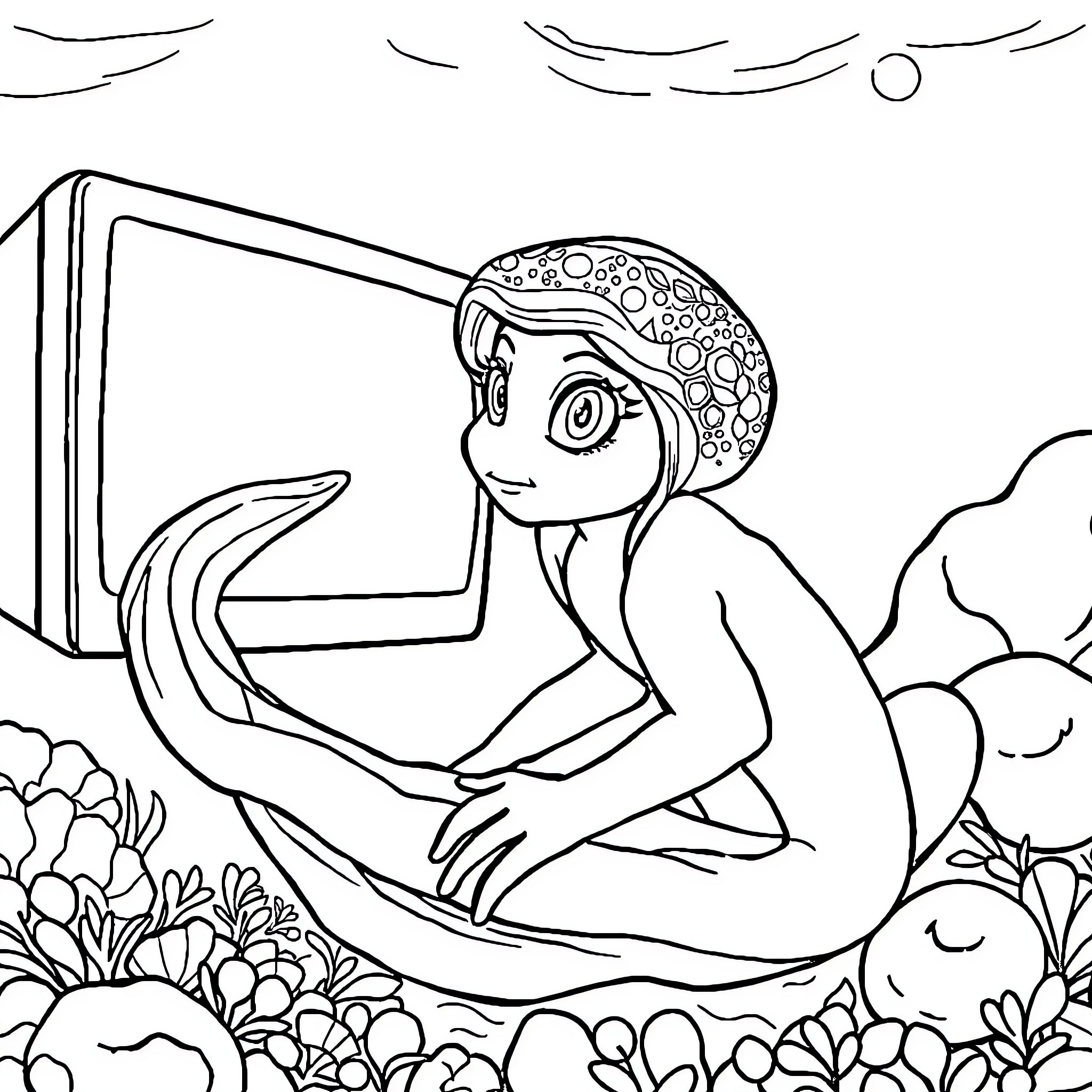 Mermaid sitting peacefully in underwater scene Coloring Page (free black-and-white line drawing printable PDF for all, from beginners to advanced learners, including children, teens, adults, and seniors)