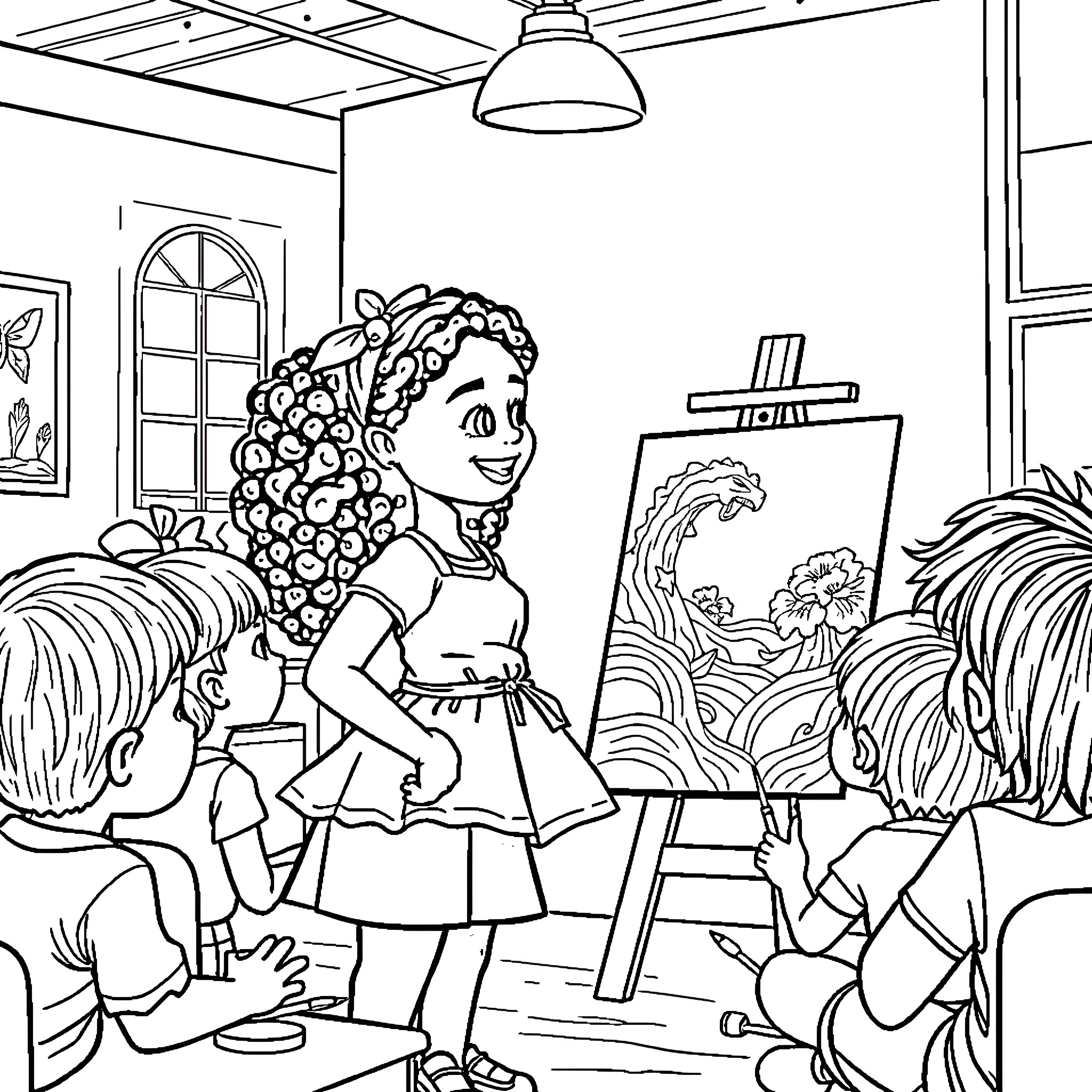 Girl painting in an art class Coloring Page (free black-and-white line drawing printable PDF for all, from beginners to advanced learners, including children, teens, adults, and seniors)