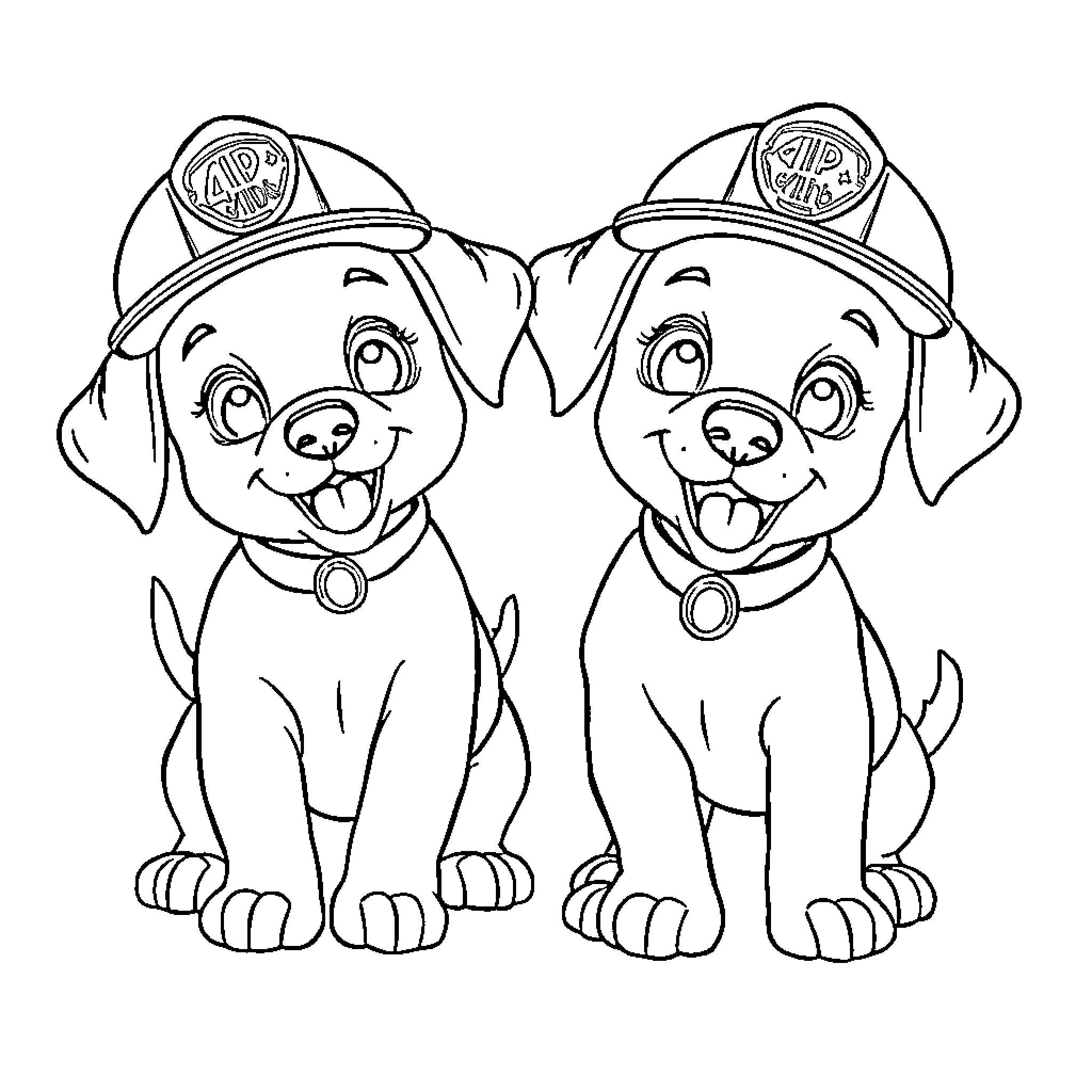 Puppies wearing firefighter hats playing together Coloring Page (free black-and-white line drawing printable PDF for all, from beginners to advanced learners, including children, teens, adults, and seniors)