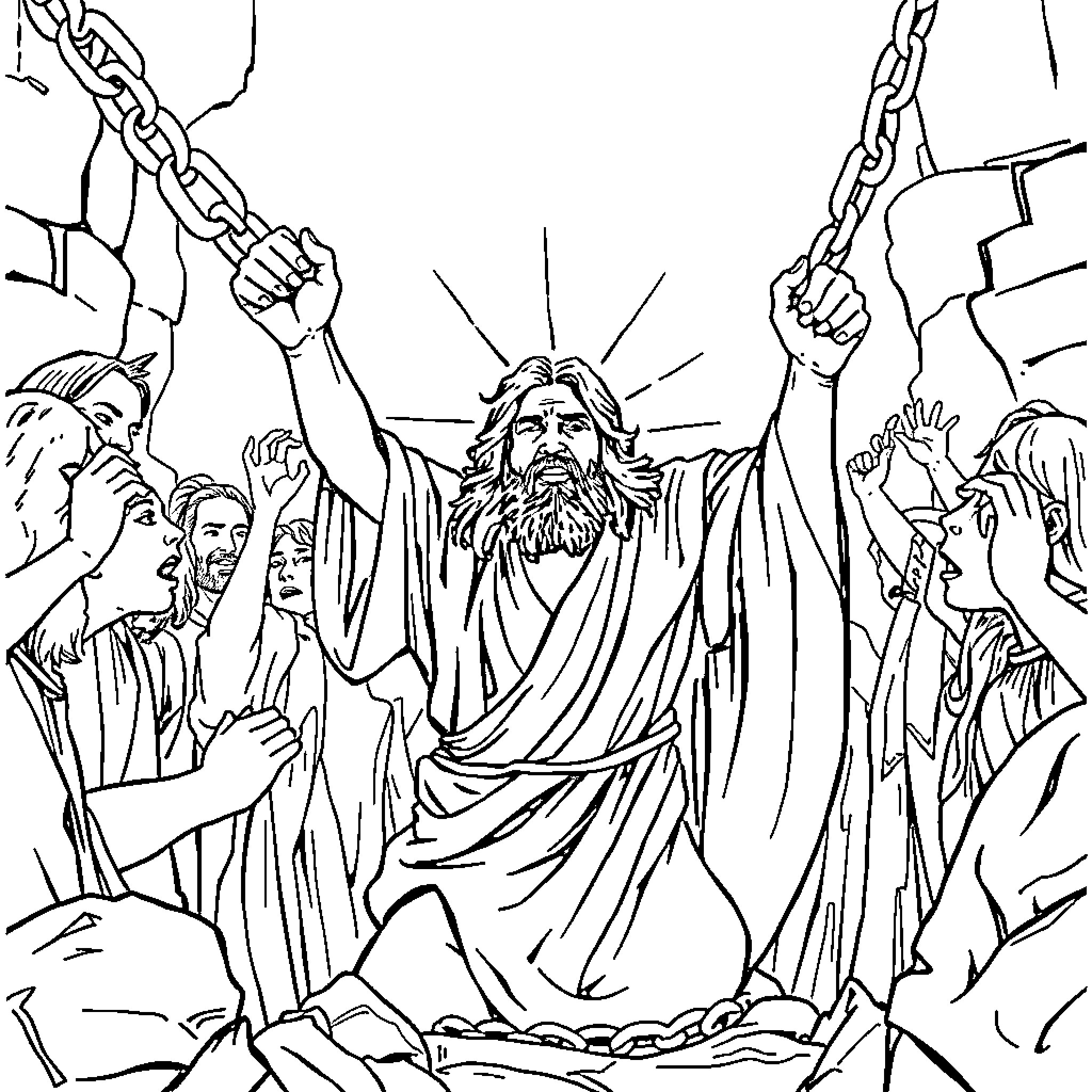 Jesus triumphantly leading a crowd Coloring Page (free black-and-white line drawing printable PDF for all, from beginners to advanced learners, including children, teens, adults, and seniors)