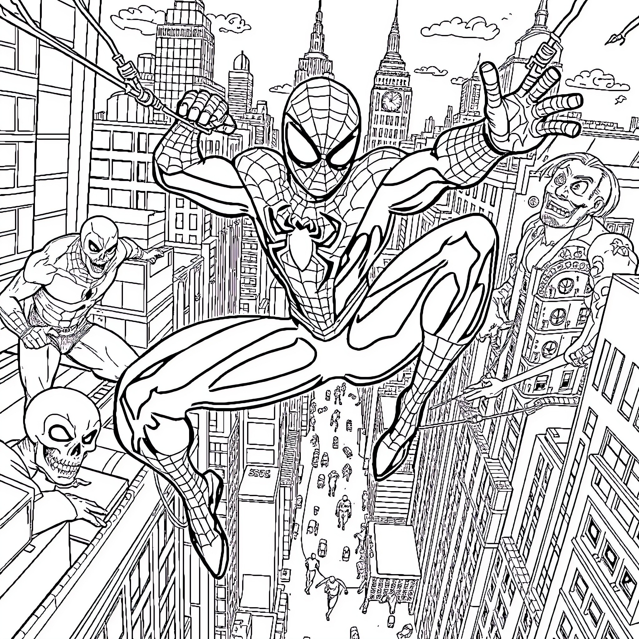 Spiderman swinging through the city skyline Coloring Page (free black-and-white line drawing printable PDF for all, from beginners to advanced learners, including children, teens, adults, and seniors)