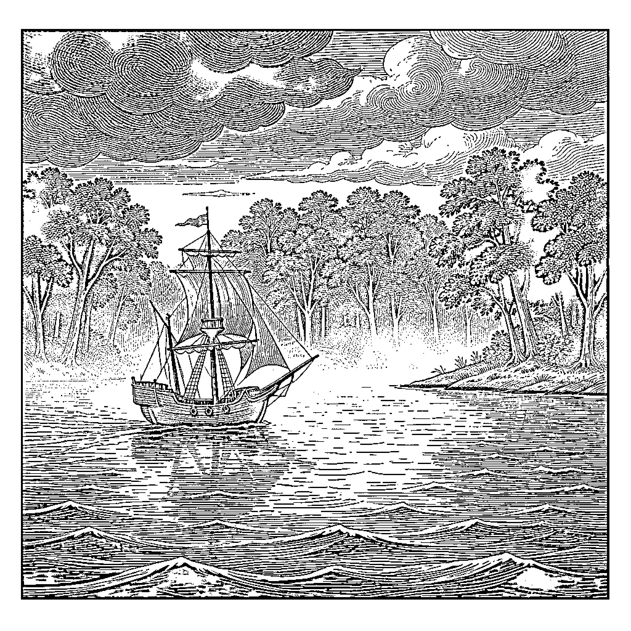 Sailing Ship navigating through calm waters near a forest Coloring Page (free black-and-white line drawing printable PDF for all, from beginners to advanced learners, including children, teens, adults, and seniors)