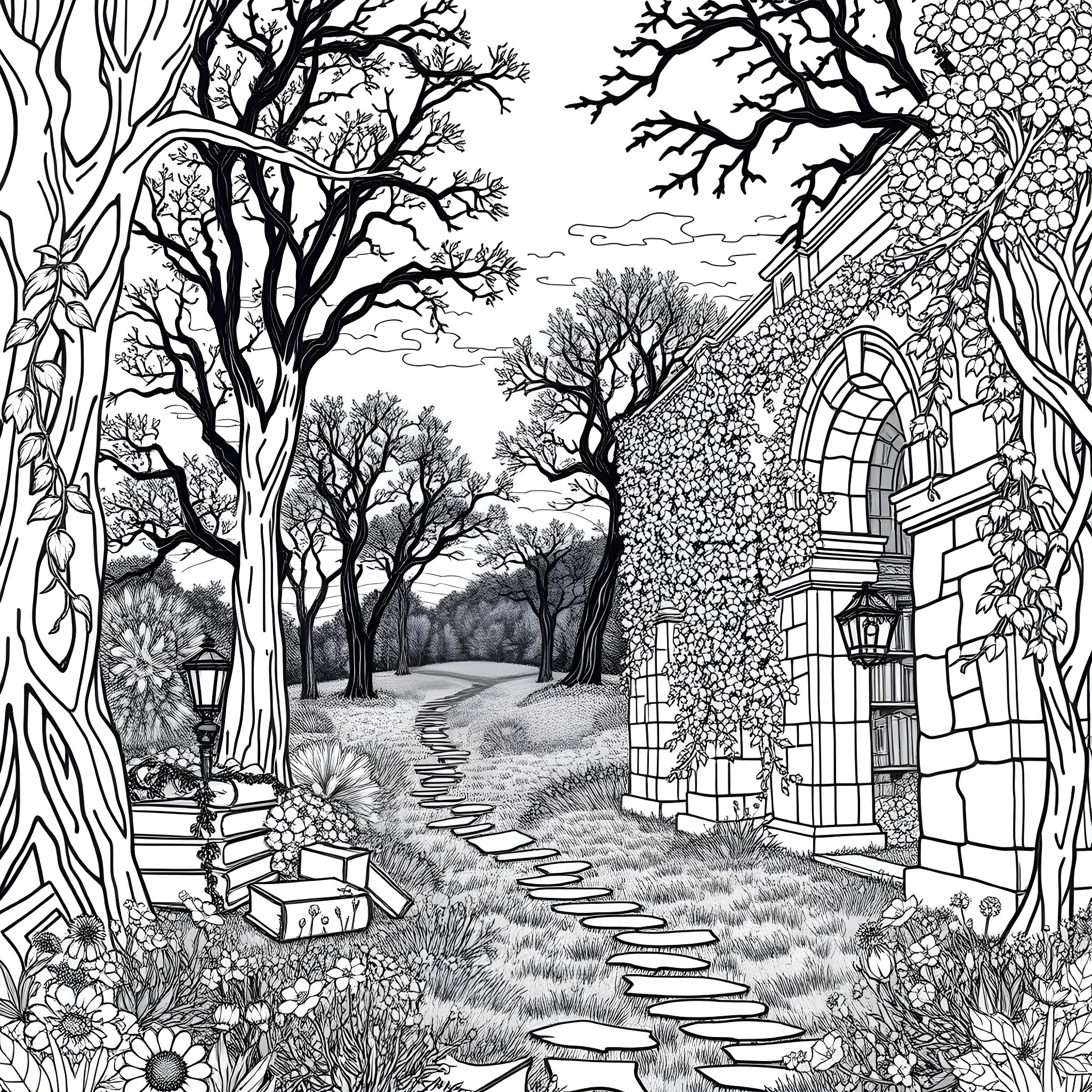 Academia in the Enchanted Woodland Coloring Page (free black-and-white line drawing printable PDF for all, from beginners to advanced learners, including children, teens, adults, and seniors)