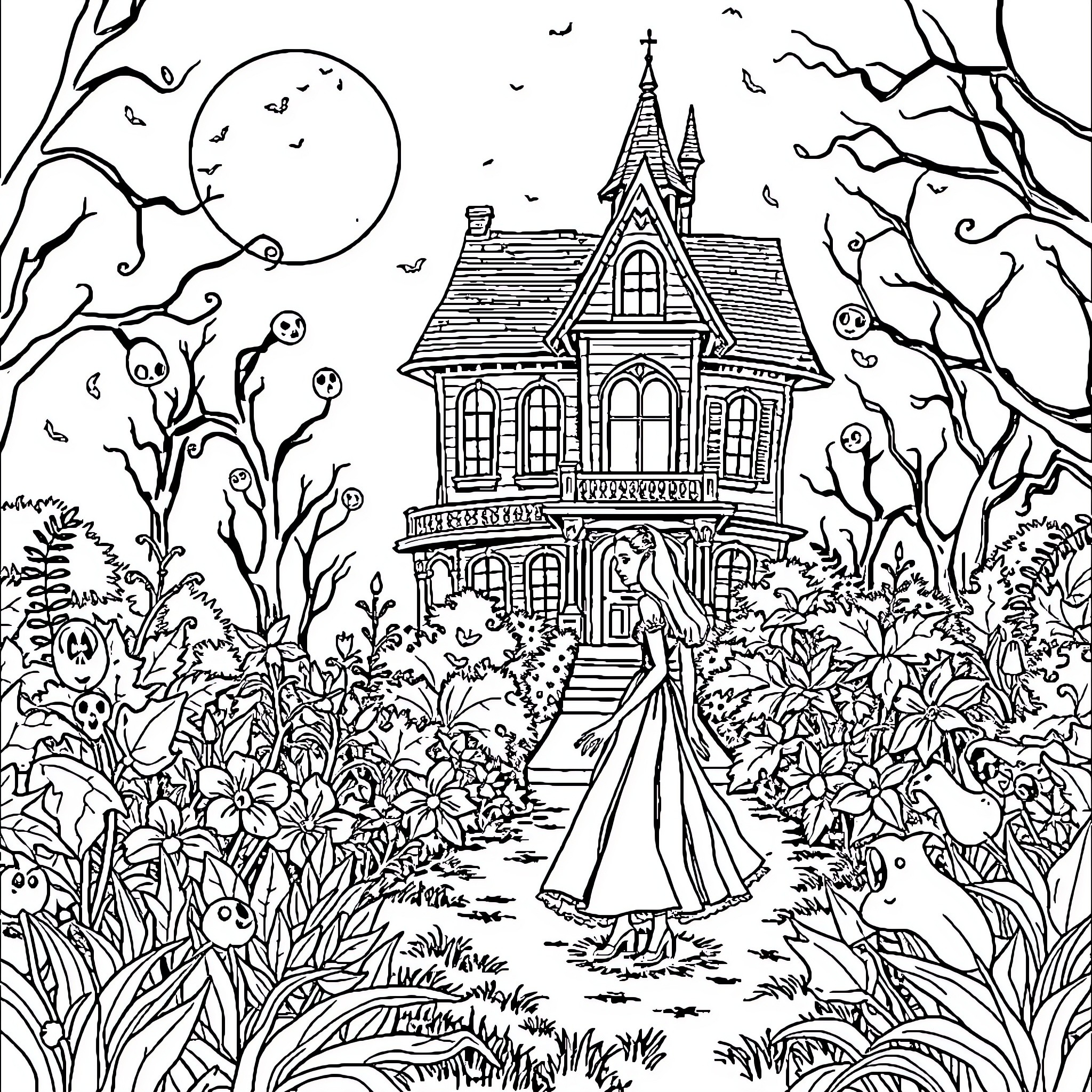 Haunted House in a Spooky Moonlit Landscape Coloring Page (free black-and-white line drawing printable PDF for all, from beginners to advanced learners, including children, teens, adults, and seniors)