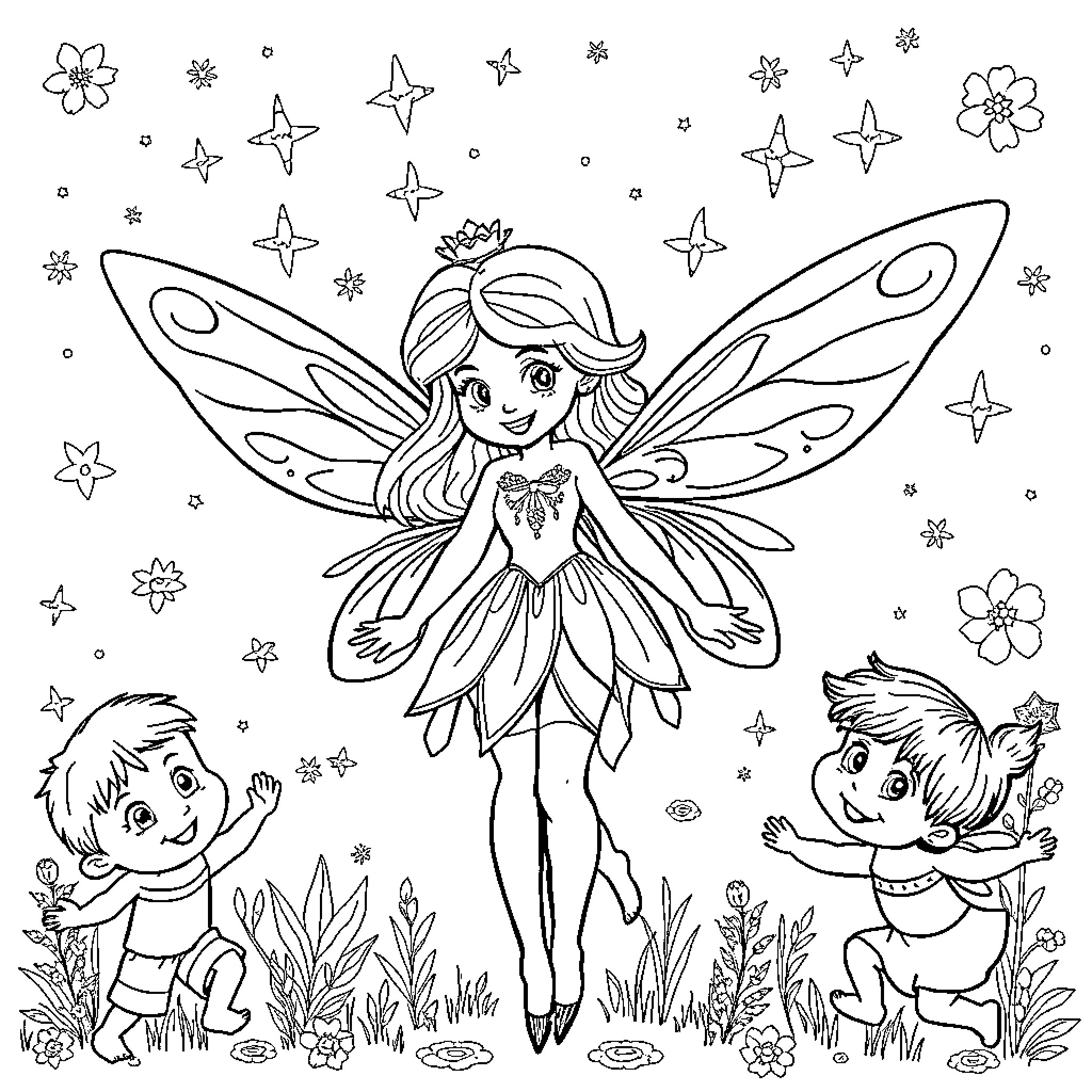 Fairy Enjoying Nature with Young Children Coloring Page (free black-and-white line drawing printable PDF for all, from beginners to advanced learners, including children, teens, adults, and seniors)