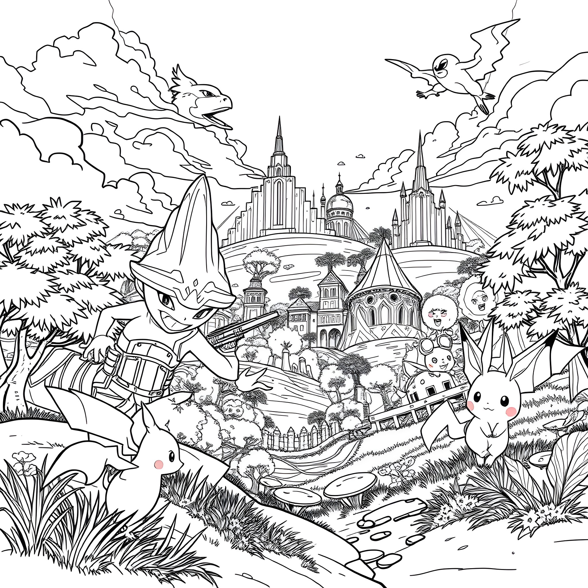 Fortnite characters in a whimsical fantasy landscape Coloring Page (free black-and-white line drawing printable PDF for all, from beginners to advanced learners, including children, teens, adults, and seniors)