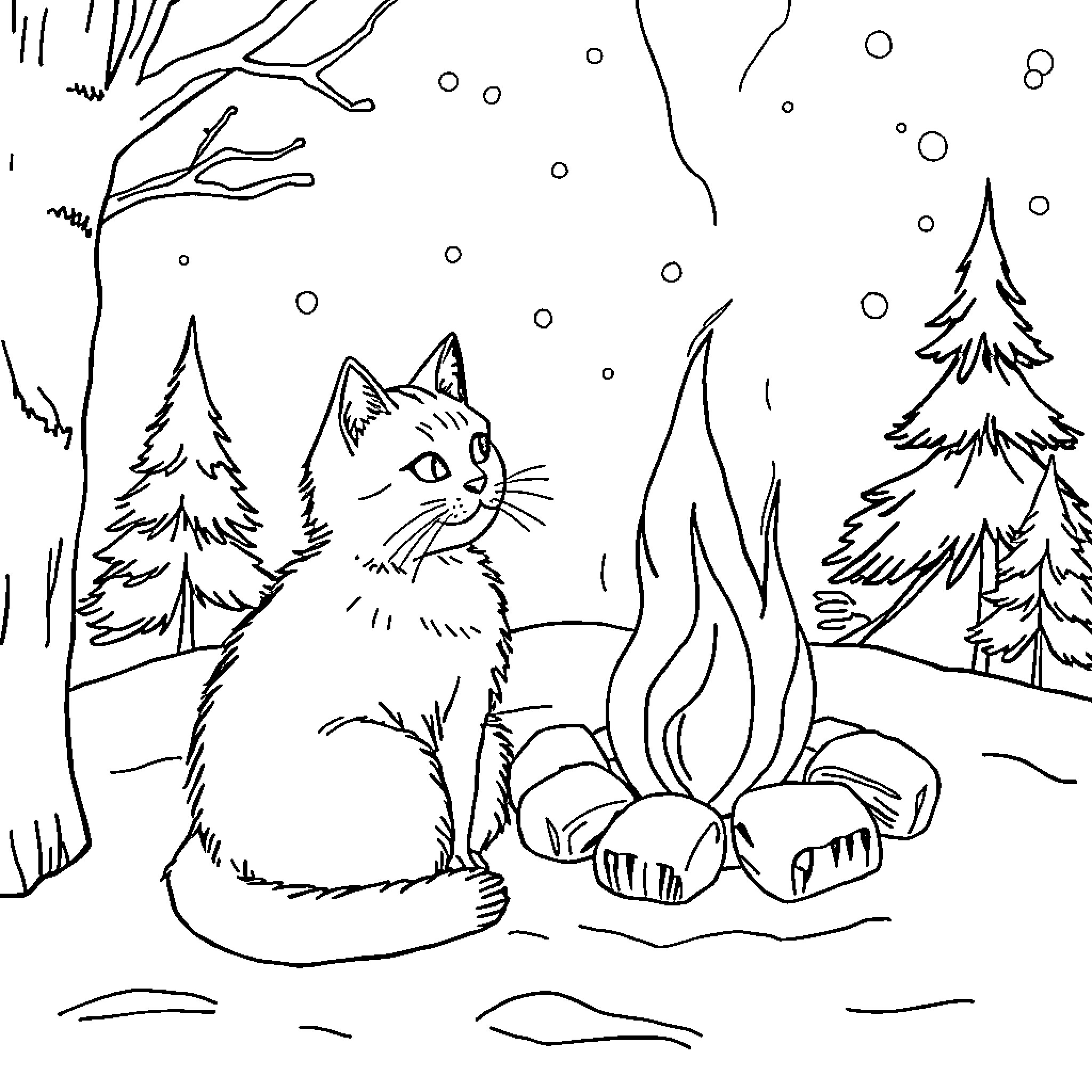 Chat with curious cat by cozy fireplace in snowy forest Coloring Page (free black-and-white line drawing printable PDF for all, from beginners to advanced learners, including children, teens, adults, and seniors)