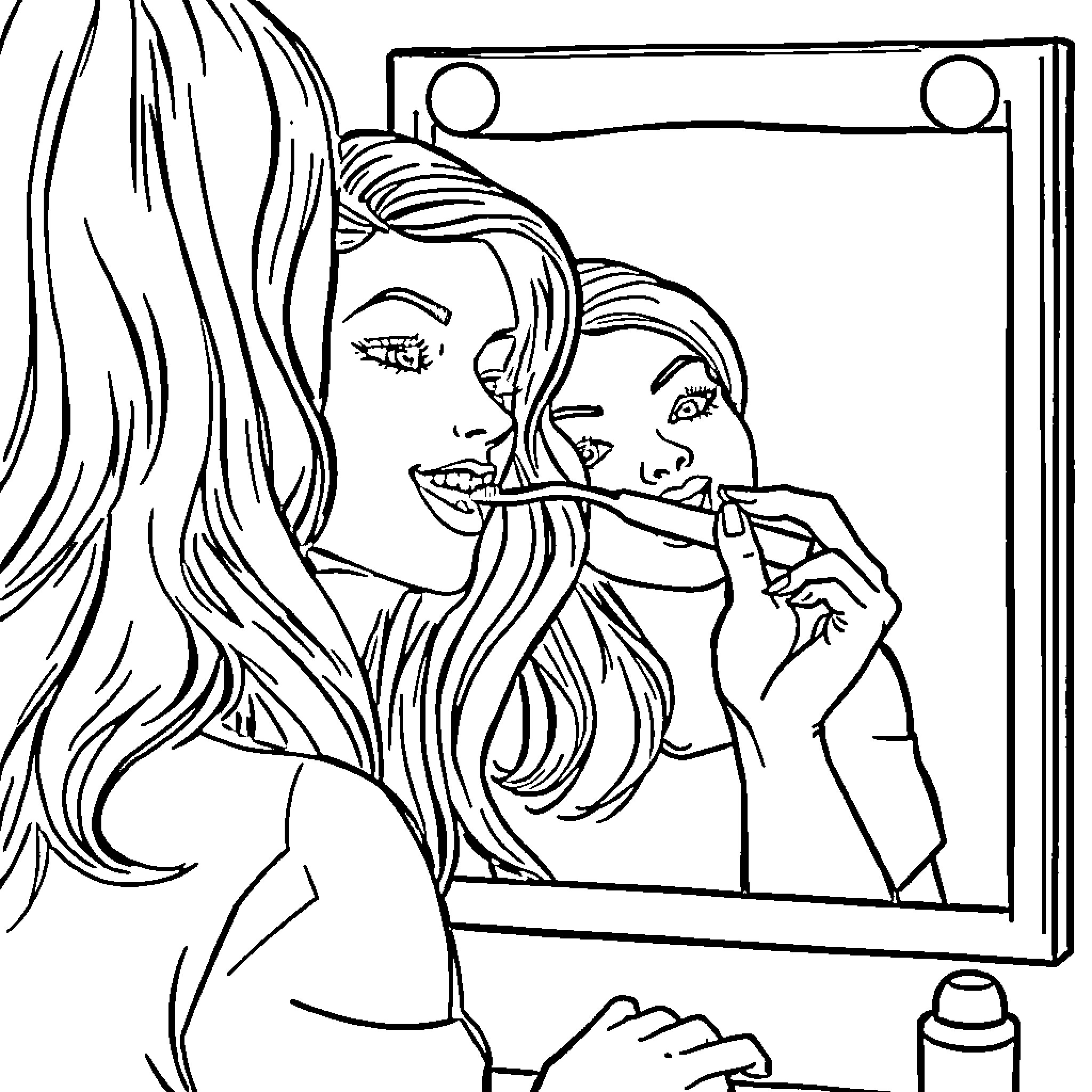 Lady Applying Makeup in Front of Mirror Coloring Page (free black-and-white line drawing printable PDF for all, from beginners to advanced learners, including children, teens, adults, and seniors)