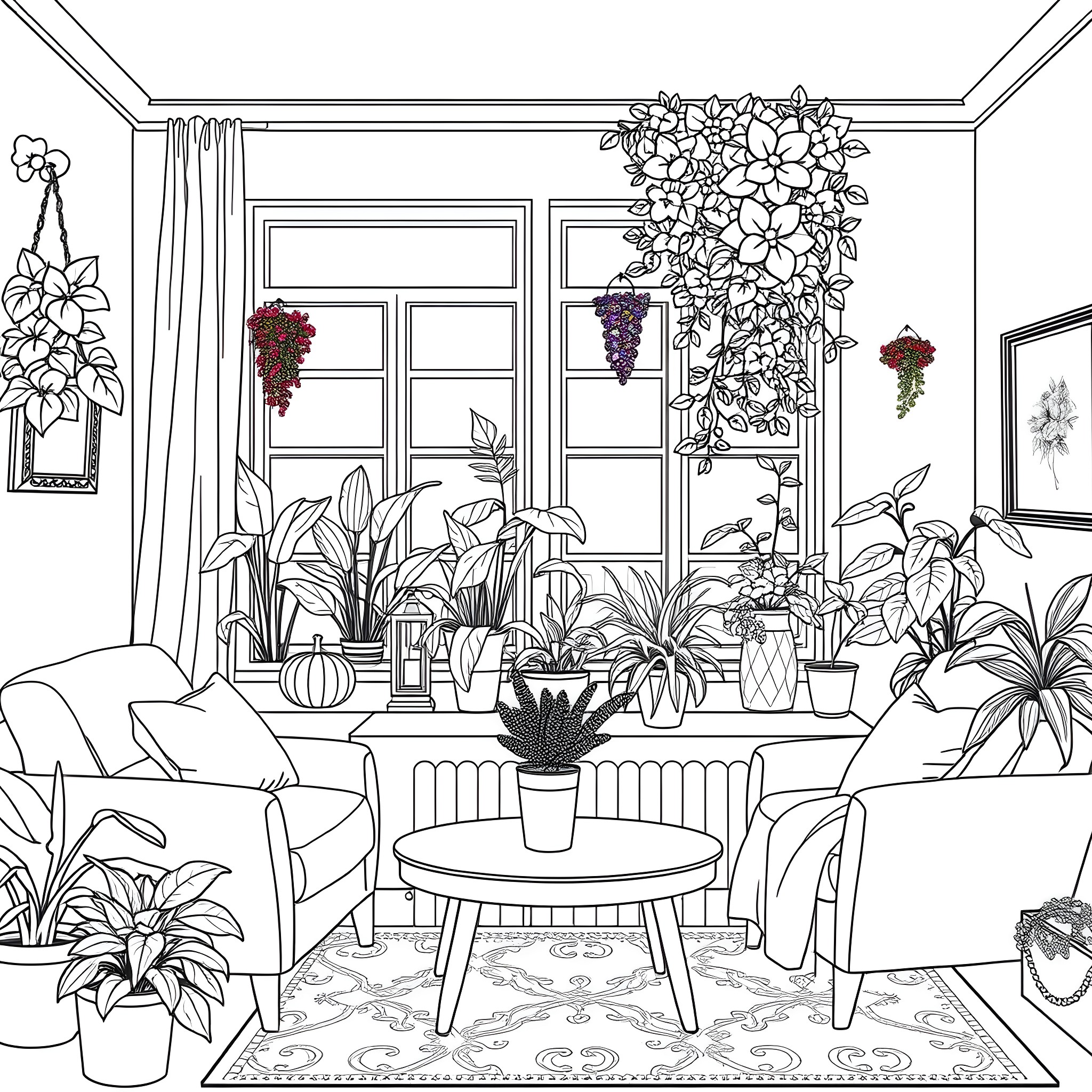 Plant-filled indoor space with cozy furnishings Coloring Page (free black-and-white line drawing printable PDF for all, from beginners to advanced learners, including children, teens, adults, and seniors)