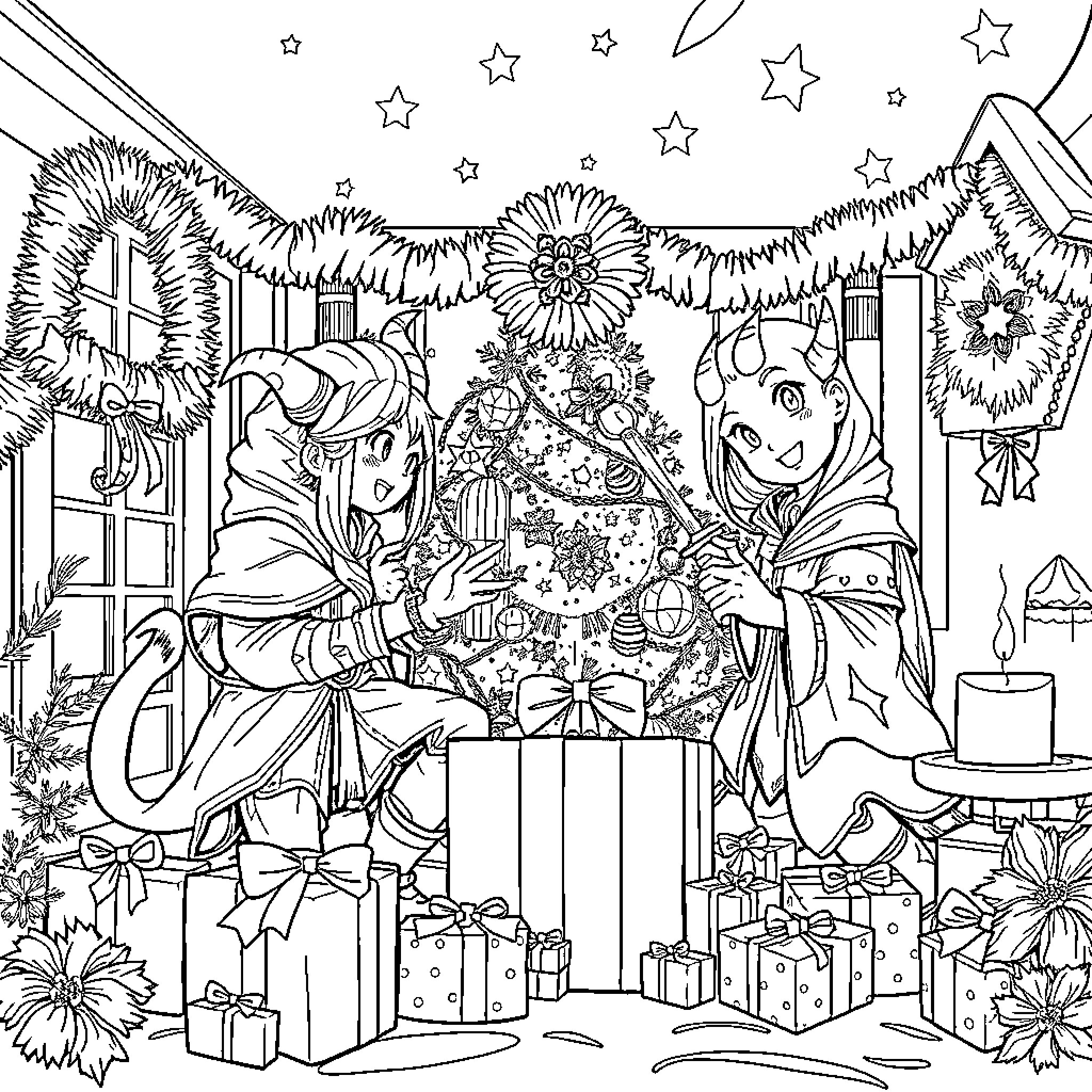 Demon Slayer Celebrate Festive Occasion with Friends Coloring Page (free black-and-white line drawing printable PDF for all, from beginners to advanced learners, including children, teens, adults, and seniors)