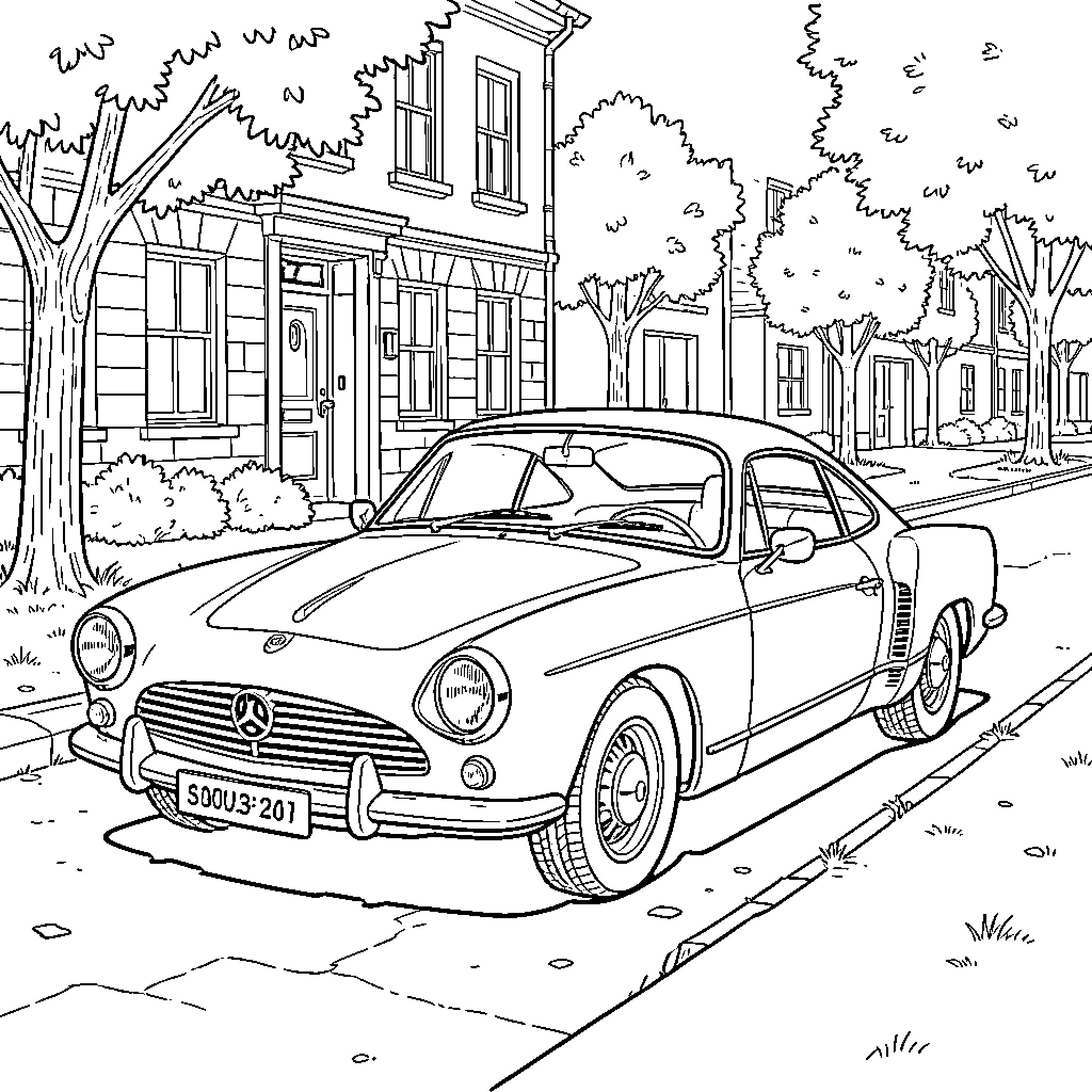Karmann Ghia parked on a quiet residential street Coloring Page (free black-and-white line drawing printable PDF for all, from beginners to advanced learners, including children, teens, adults, and seniors)