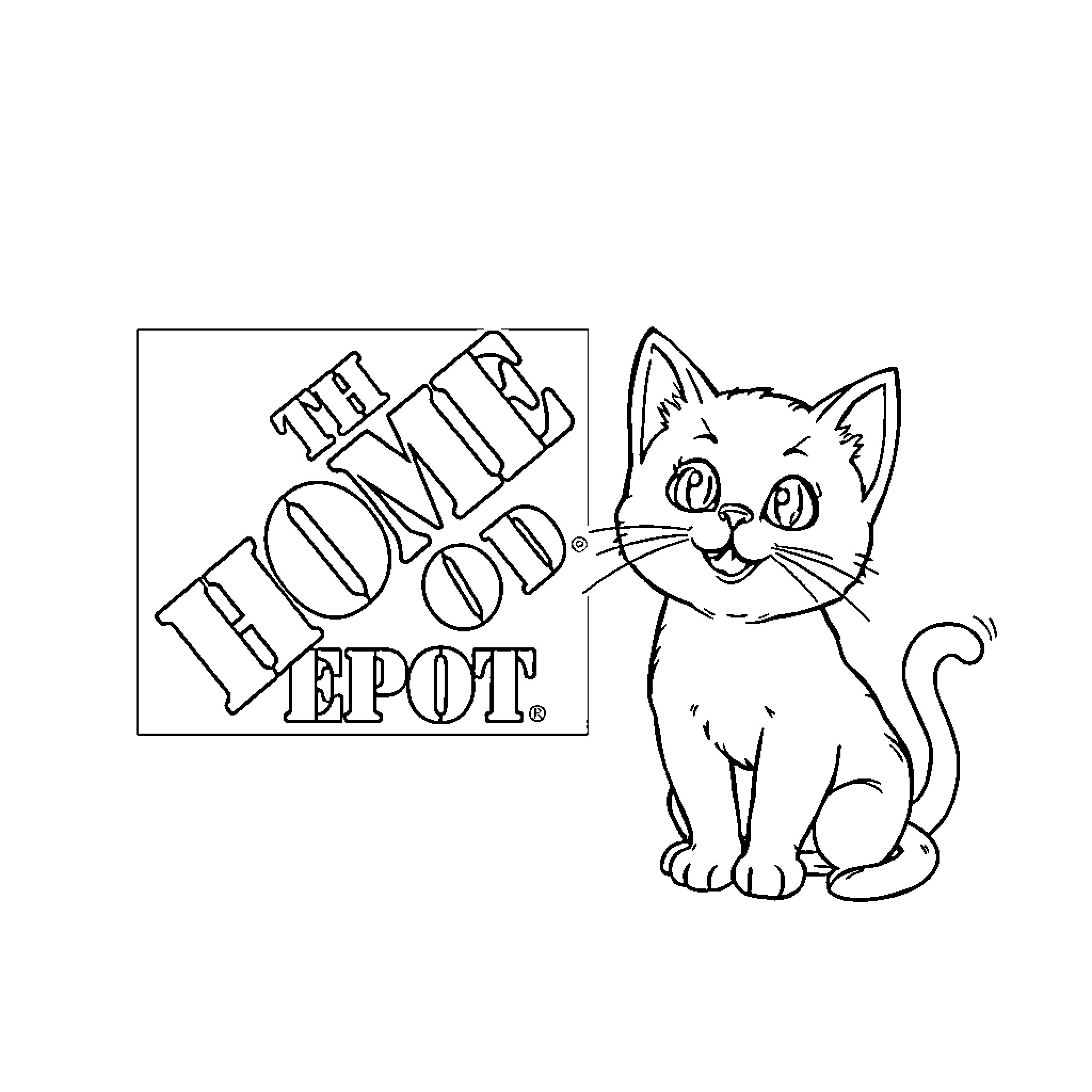 Home Depot: Cartoon kitten with 'The Home Depot' sign Coloring Page (free black-and-white line drawing printable PDF for all, from beginners to advanced learners, including children, teens, adults, and seniors)