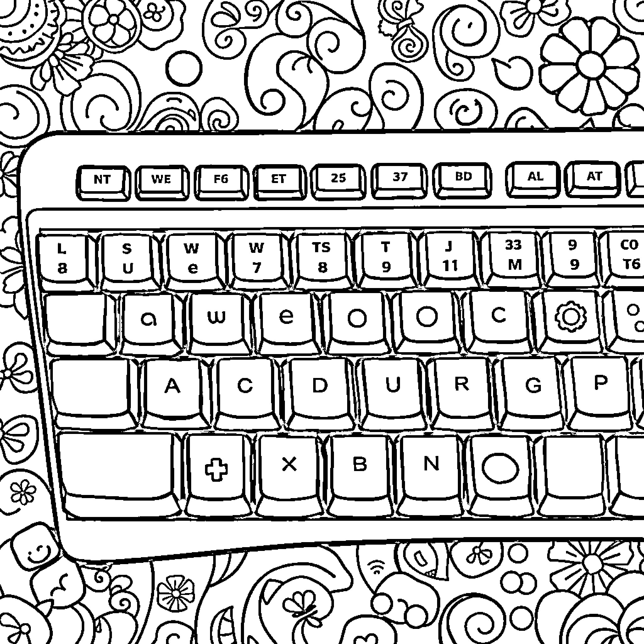 Keyboard with decorative floral patterns Coloring Page (free black-and-white line drawing printable PDF for all, from beginners to advanced learners, including children, teens, adults, and seniors)