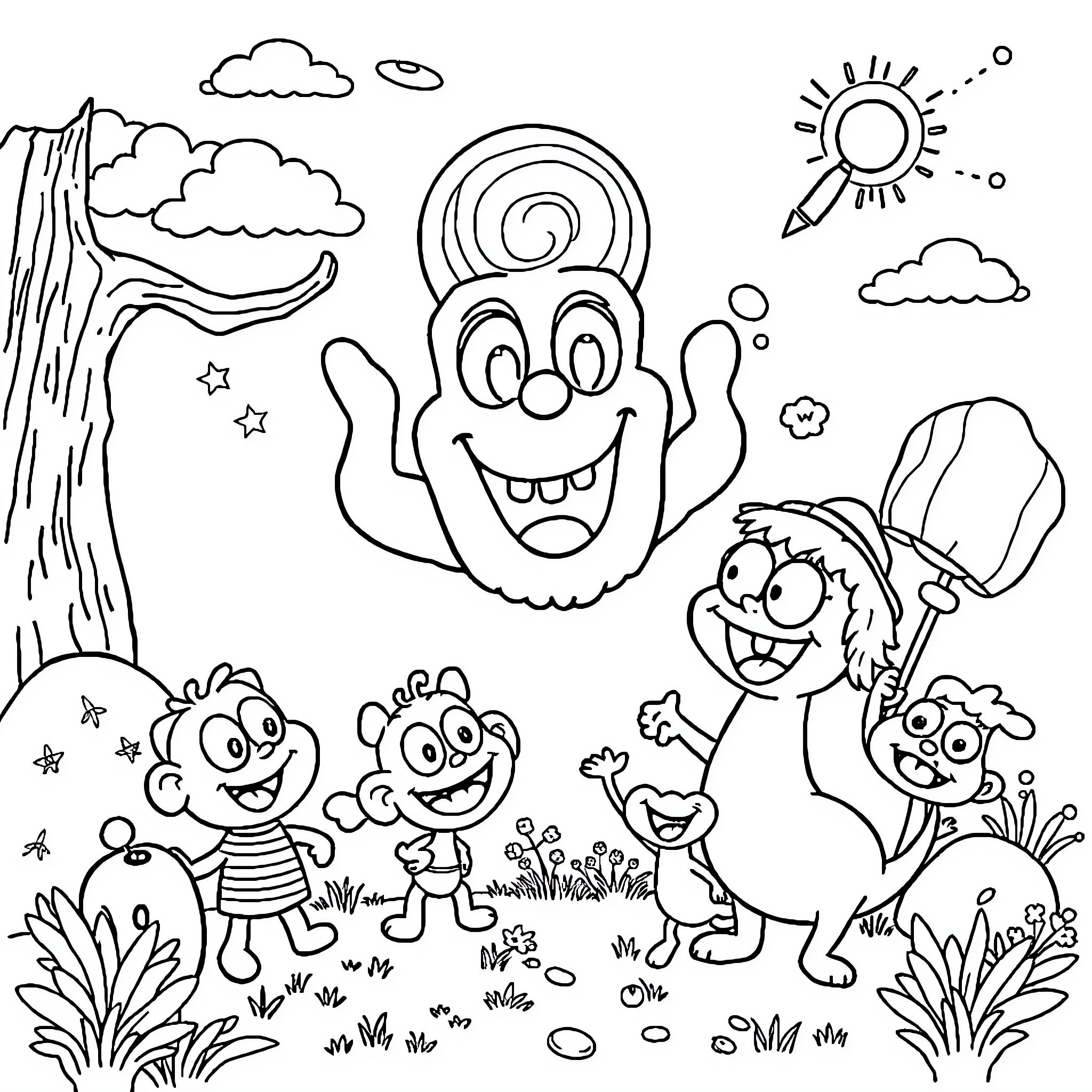 Cartoon Characters Playing in a Whimsical Nature Scene Coloring Page (free black-and-white line drawing printable PDF for all, from beginners to advanced learners, including children, teens, adults, and seniors)