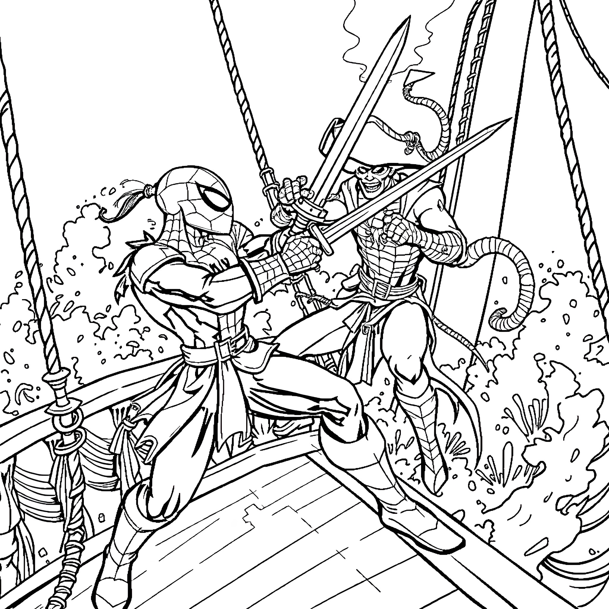 Spiderman battling a pirate on a ship Coloring Page (free black-and-white line drawing printable PDF for all, from beginners to advanced learners, including children, teens, adults, and seniors)