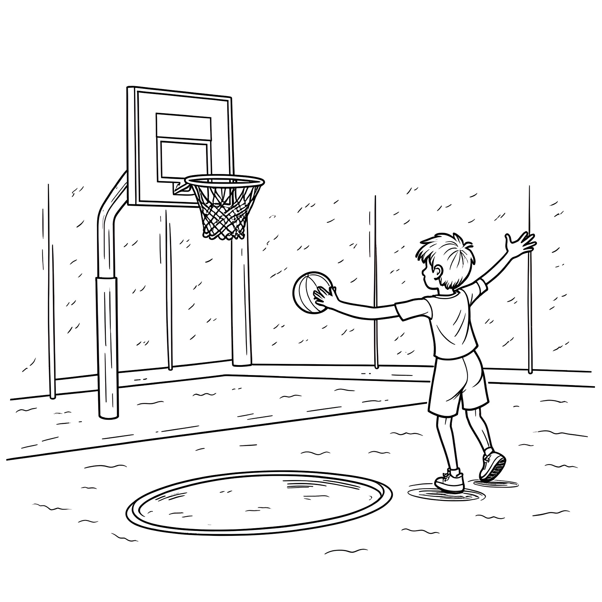 Boy playing basketball in outdoor court Coloring Page (free black-and-white line drawing printable PDF for all, from beginners to advanced learners, including children, teens, adults, and seniors)