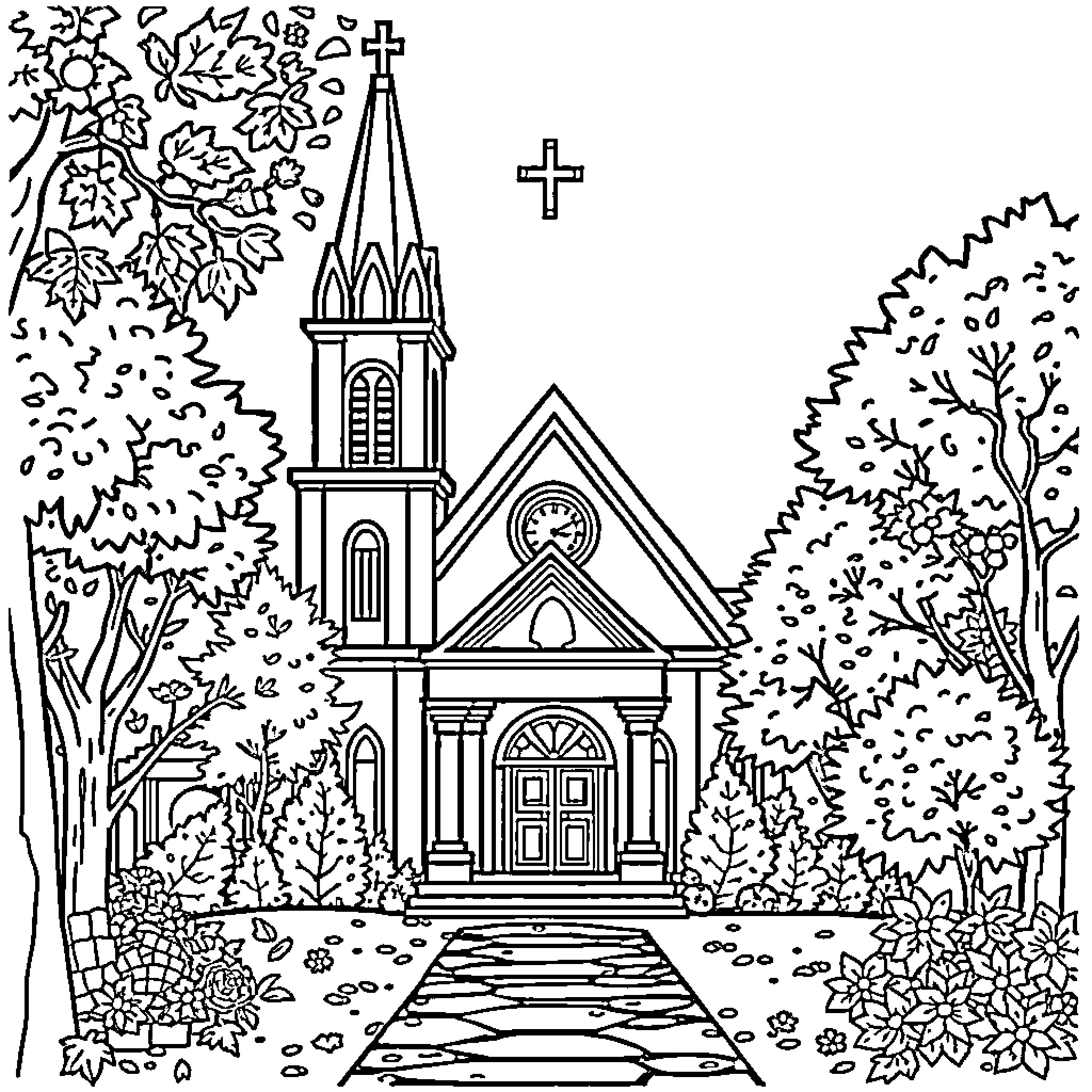 Church in serene natural setting Coloring Page (free black-and-white line drawing printable PDF for all, from beginners to advanced learners, including children, teens, adults, and seniors)