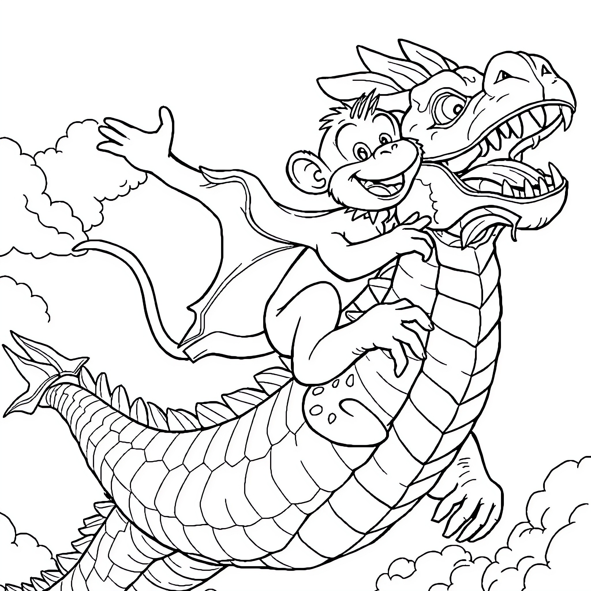 Monkey riding a fierce dragon in the sky Coloring Page (free black-and-white line drawing printable PDF for all, from beginners to advanced learners, including children, teens, adults, and seniors)