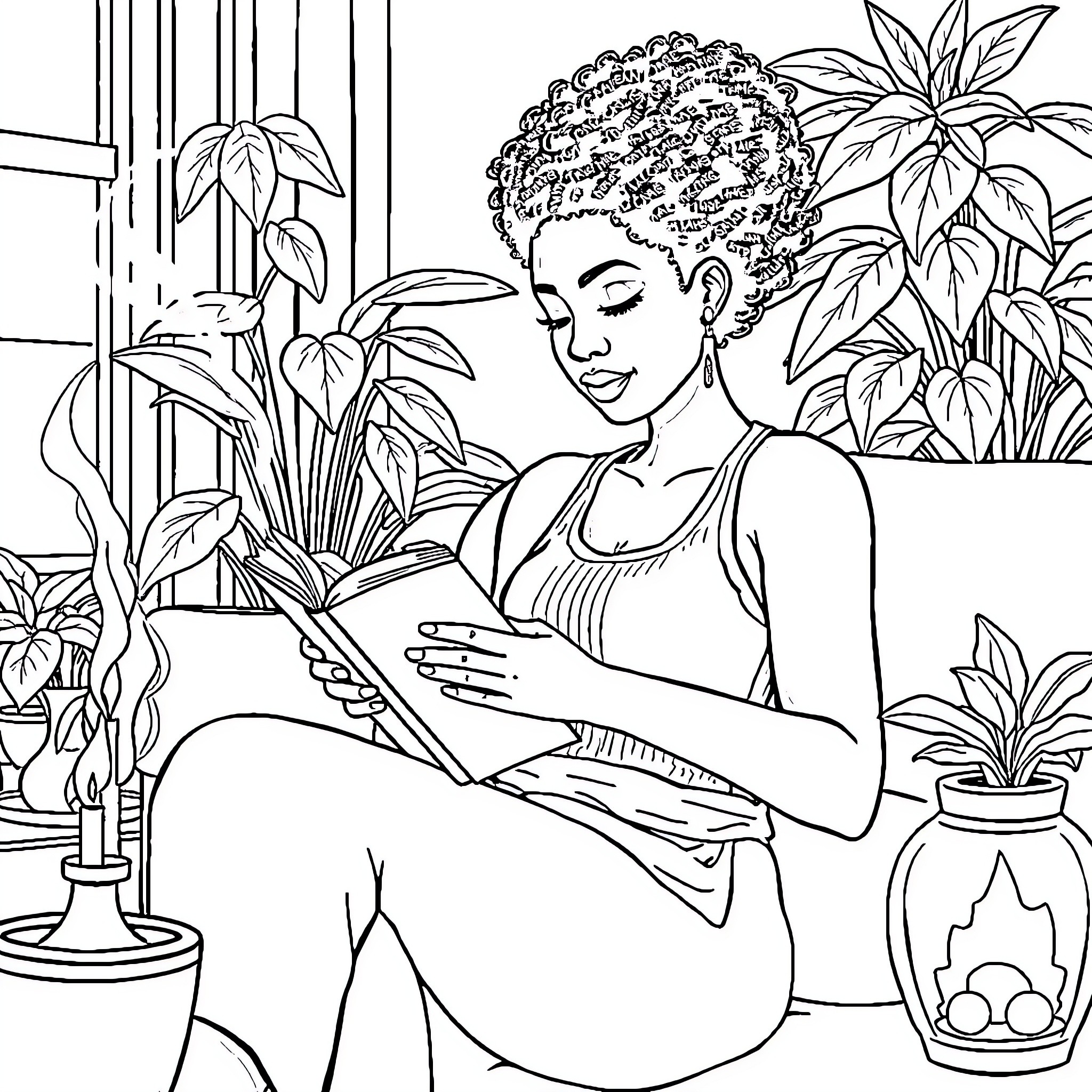 Woman Relaxing with Book in Lush Greenery Coloring Page (free black-and-white line drawing printable PDF for all, from beginners to advanced learners, including children, teens, adults, and seniors)