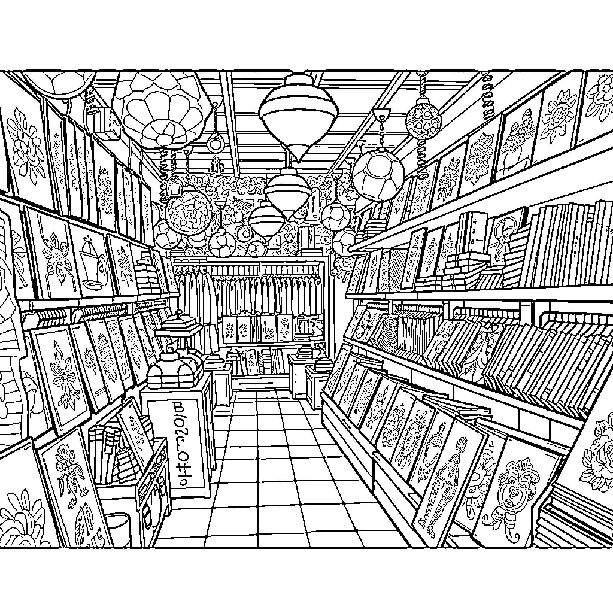 Brianrots' Colorful Bookstore Adventure Coloring Page (free black-and-white line drawing printable PDF for all, from beginners to advanced learners, including children, teens, adults, and seniors)