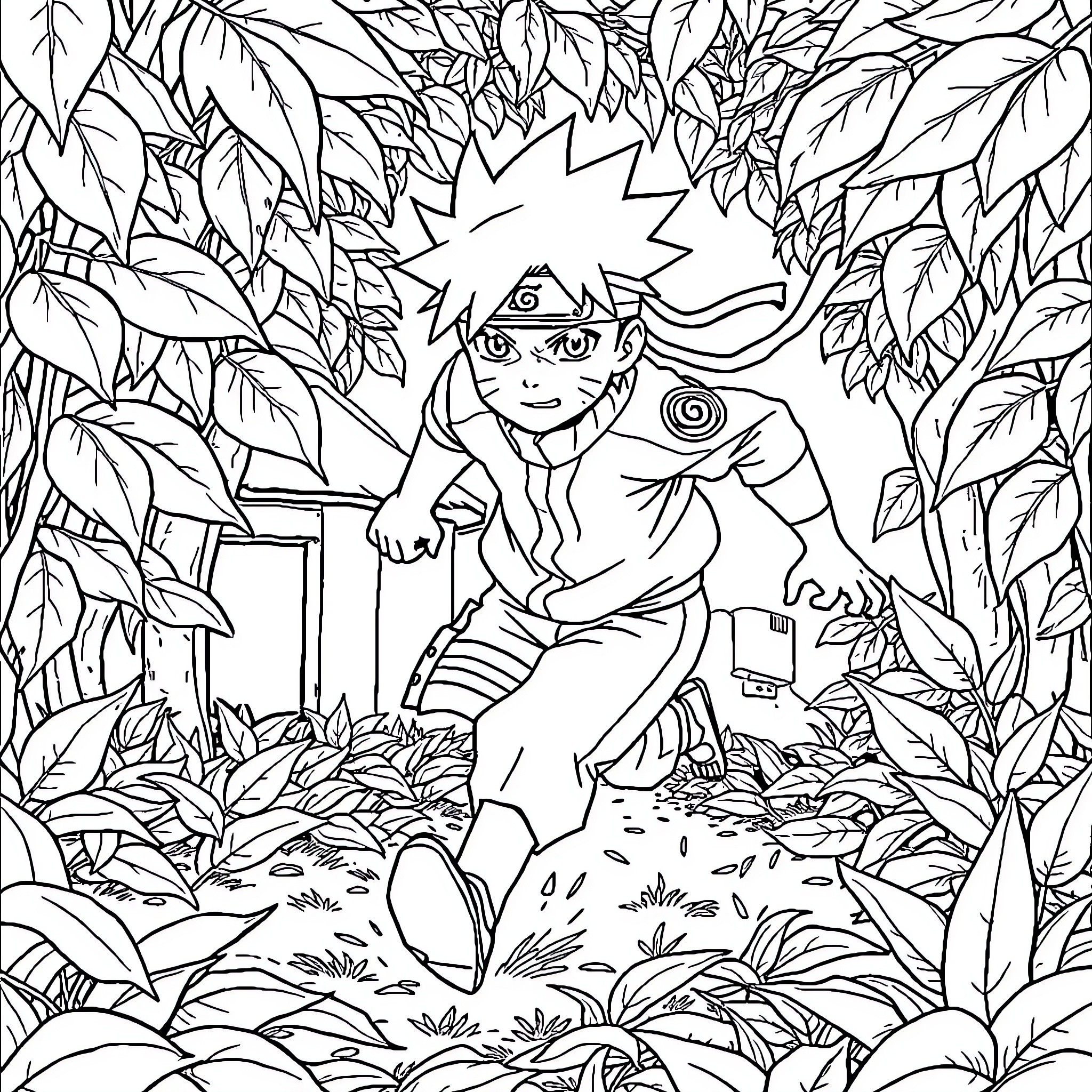 Naruto exploring the lush forest environment Coloring Page (free black-and-white line drawing printable PDF for all, from beginners to advanced learners, including children, teens, adults, and seniors)