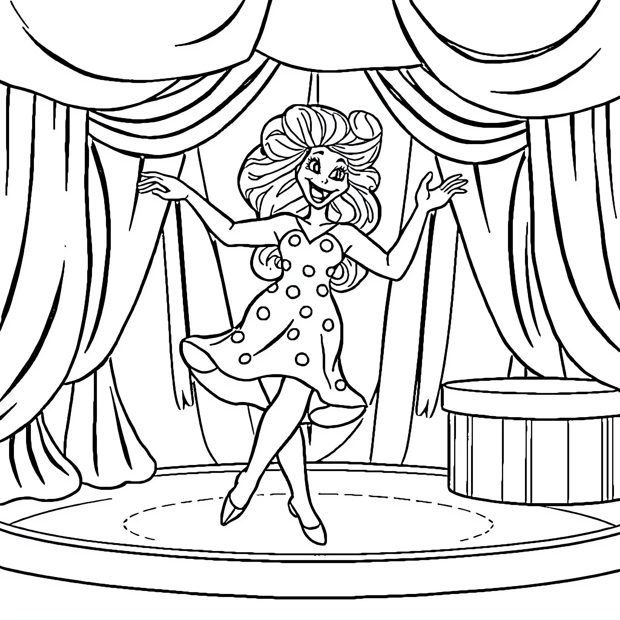 Barbamama Performing Playful Dance on Stage Coloring Page (free black-and-white line drawing printable PDF for all, from beginners to advanced learners, including children, teens, adults, and seniors)