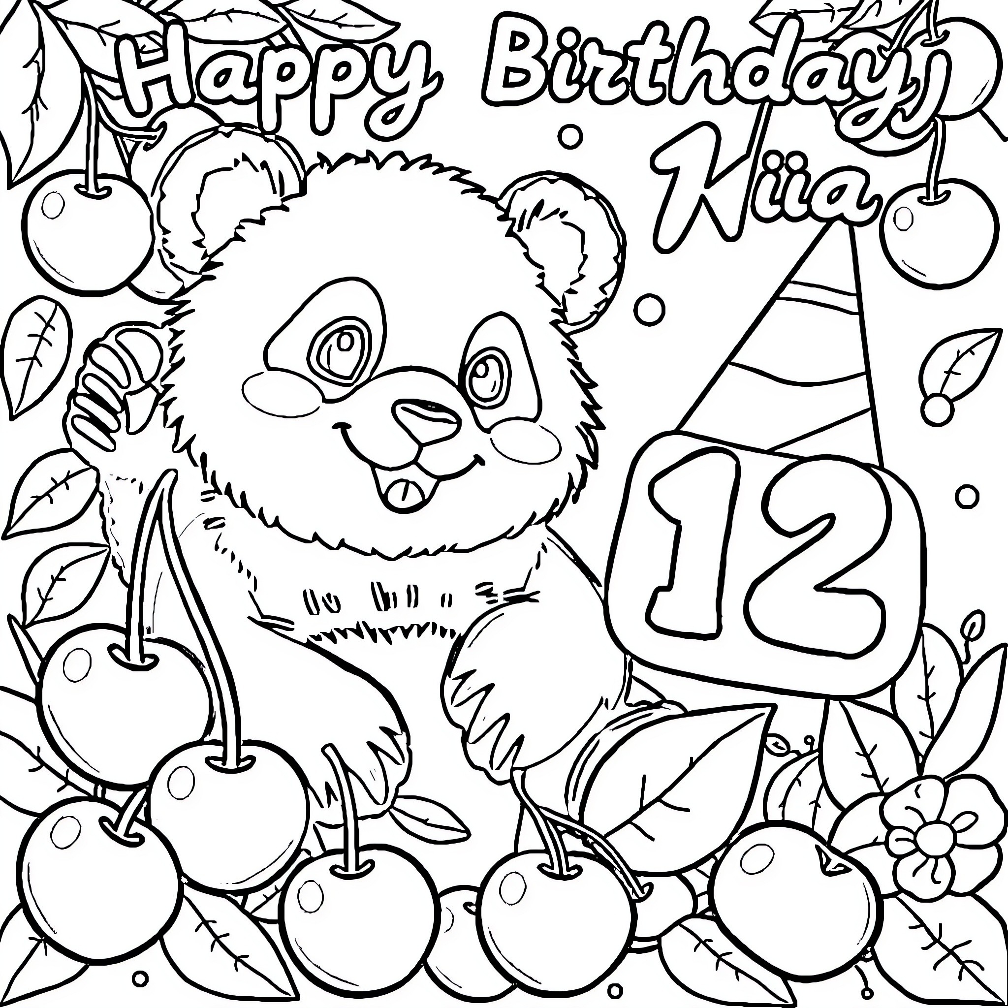 Panda celebrates 12th birthday with cherries and party hat Coloring Page (free black-and-white line drawing printable PDF for all, from beginners to advanced learners, including children, teens, adults, and seniors)