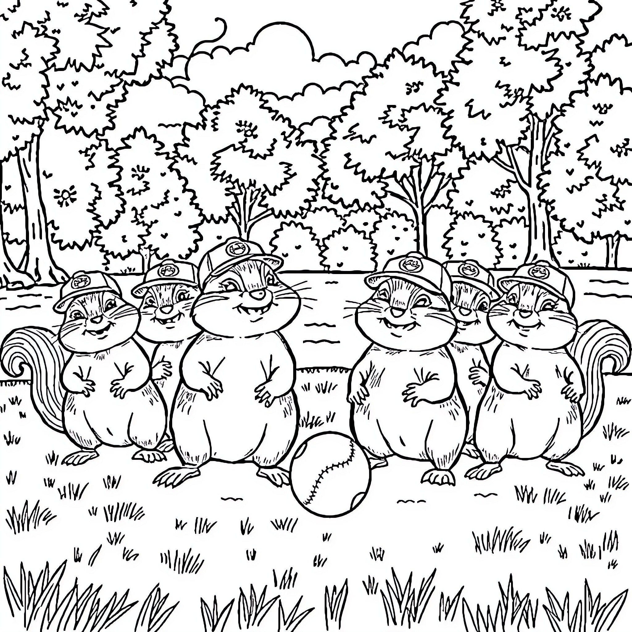 Chipmunks having a gathering in the forest Coloring Page (free black-and-white line drawing printable PDF for all, from beginners to advanced learners, including children, teens, adults, and seniors)