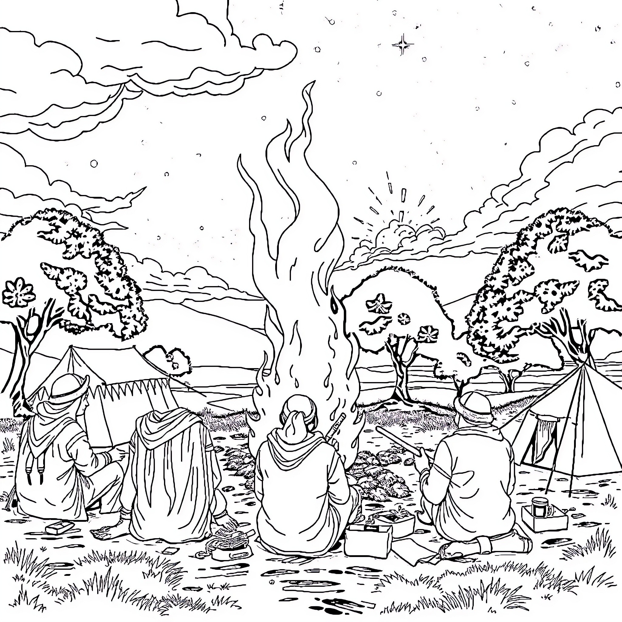 Escoteiro around the campfire under the night sky Coloring Page (free black-and-white line drawing printable PDF for all, from beginners to advanced learners, including children, teens, adults, and seniors)