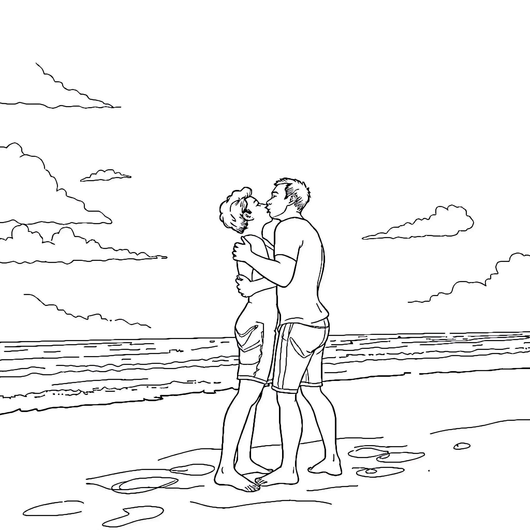 Guy embracing partner on the beach Coloring Page (free black-and-white line drawing printable PDF for all, from beginners to advanced learners, including children, teens, adults, and seniors)