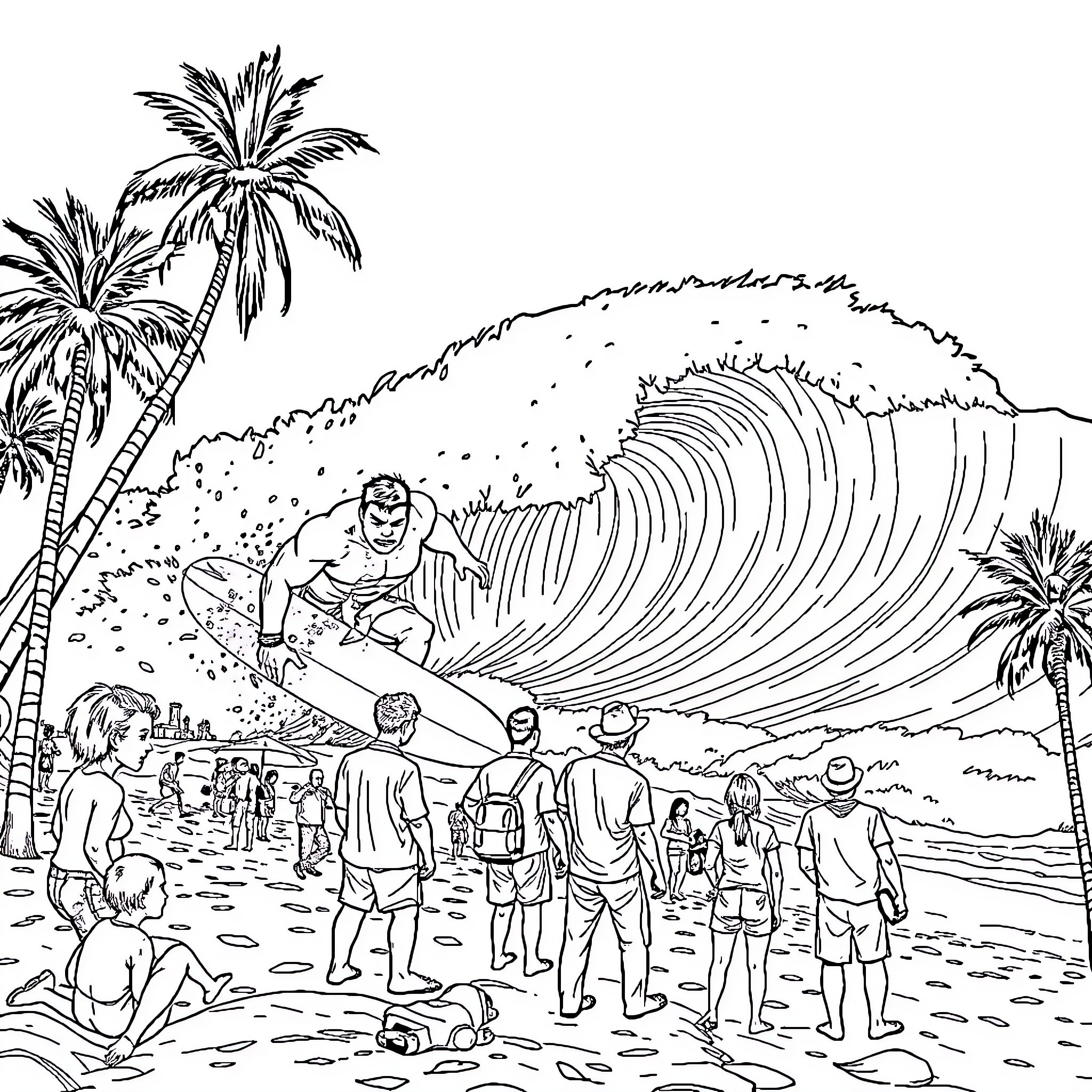 Hulk surfs giant wave with beach-goers watching Coloring Page (free black-and-white line drawing printable PDF for all, from beginners to advanced learners, including children, teens, adults, and seniors)