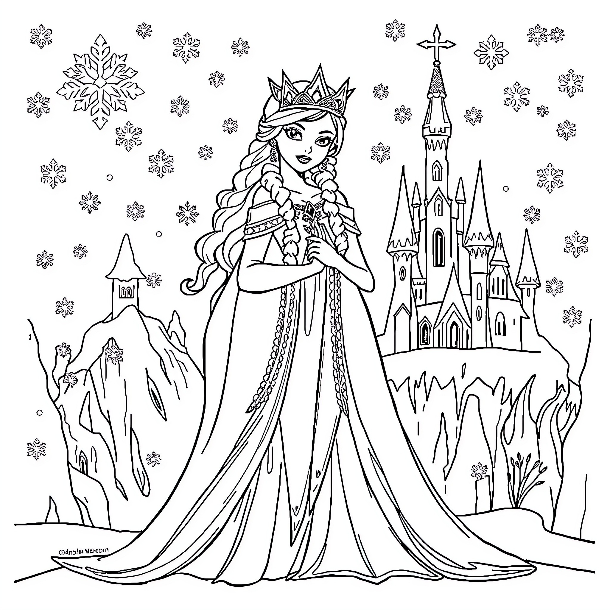 Reine des Neiges: Princesse dans son château d'hiver Coloring Page (free black-and-white line drawing printable PDF for all, from beginners to advanced learners, including children, teens, adults, and seniors)