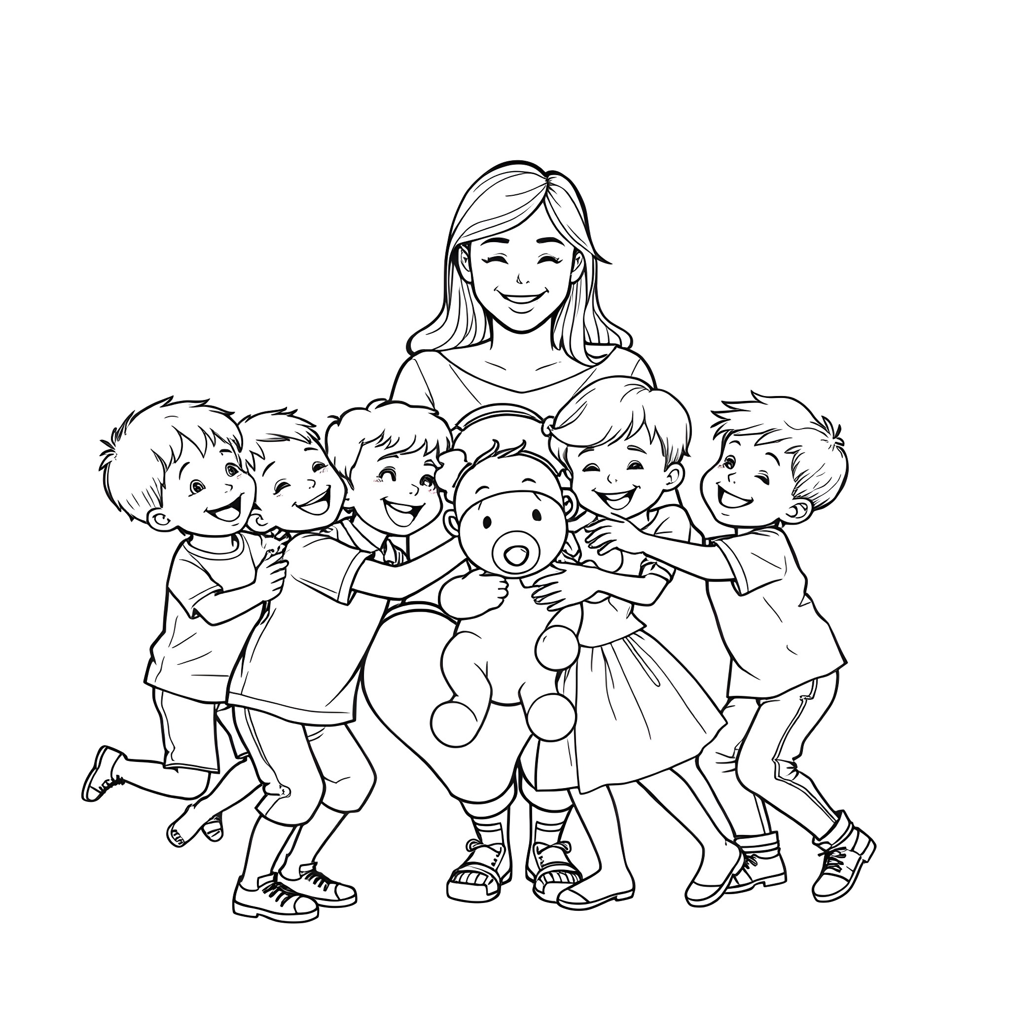 Mother Surrounded by Happy Children Coloring Page (free black-and-white line drawing printable PDF for all, from beginners to advanced learners, including children, teens, adults, and seniors)