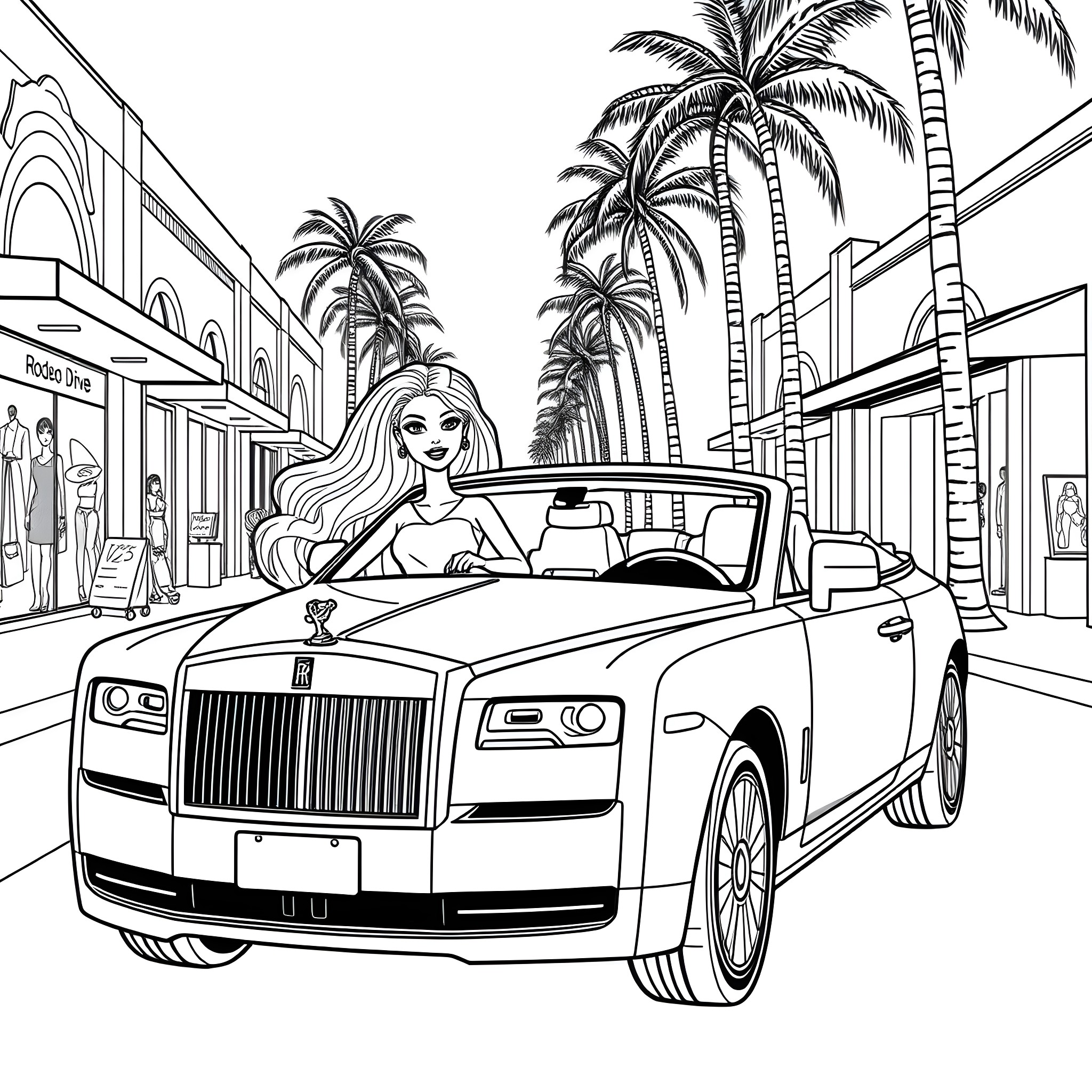 Barbie driving luxurious car through tropical city Coloring Page (free black-and-white line drawing printable PDF for all, from beginners to advanced learners, including children, teens, adults, and seniors)