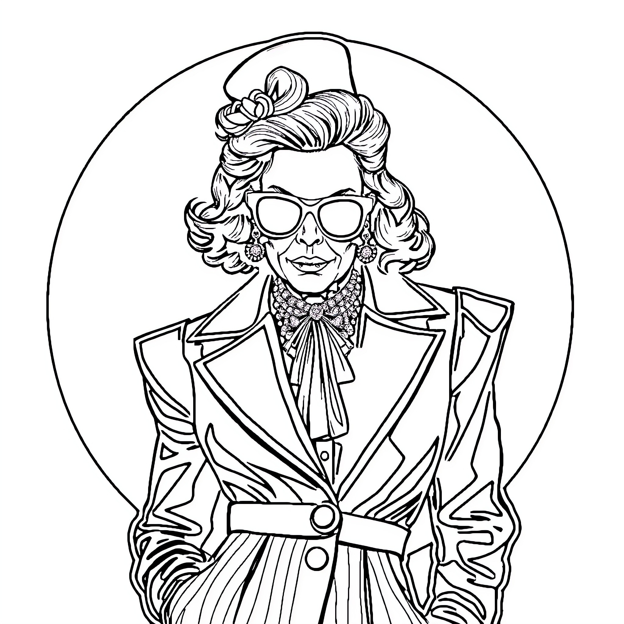 Vivienne Westwood's Iconic Fashion Presentation Coloring Page (free black-and-white line drawing printable PDF for all, from beginners to advanced learners, including children, teens, adults, and seniors)