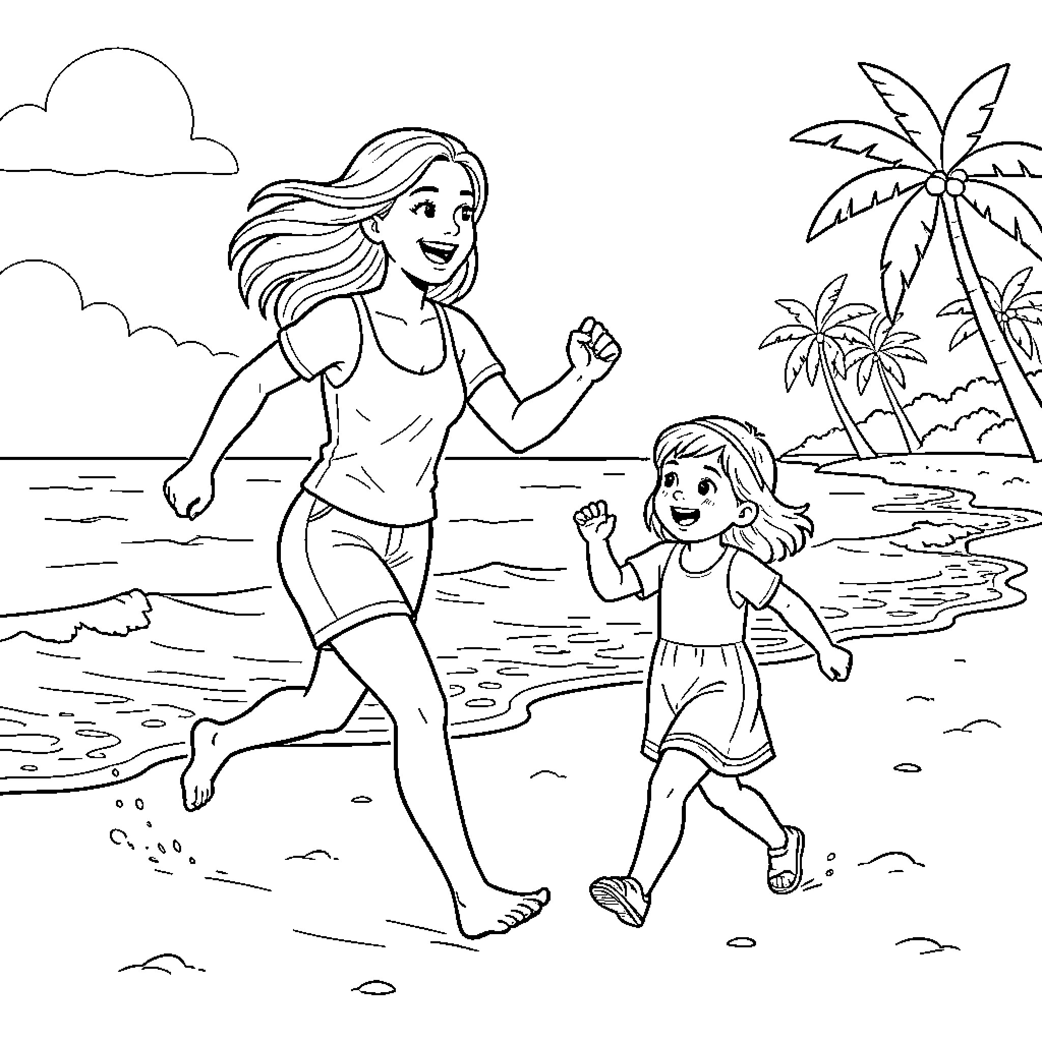 Mother and daughter running joyfully along the beach Coloring Page (free black-and-white line drawing printable PDF for all, from beginners to advanced learners, including children, teens, adults, and seniors)