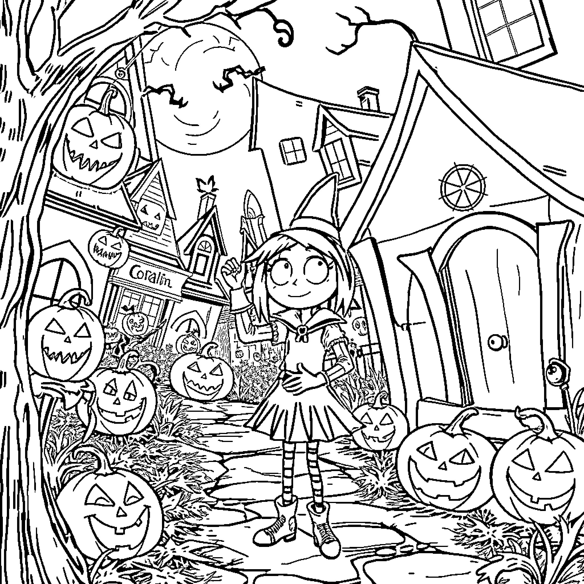 Coraline's Spooky Halloween Adventure Coloring Page (free black-and-white line drawing printable PDF for all, from beginners to advanced learners, including children, teens, adults, and seniors)