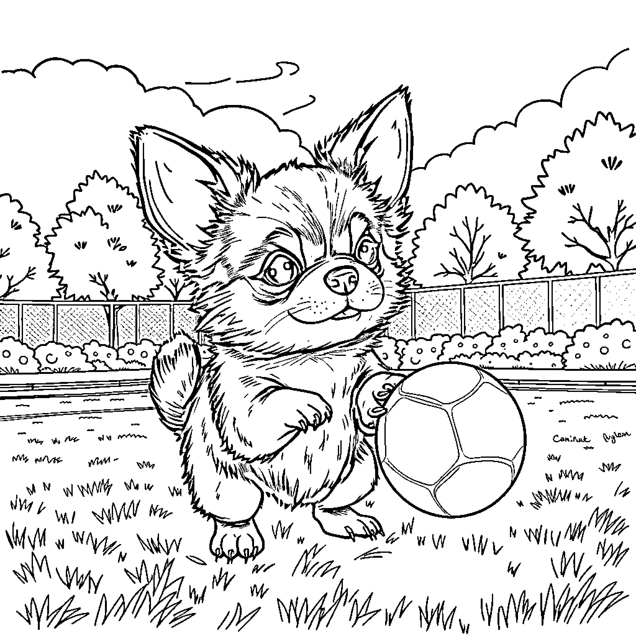 Poodle playing with a soccer ball in the park Coloring Page (free black-and-white line drawing printable PDF for all, from beginners to advanced learners, including children, teens, adults, and seniors)