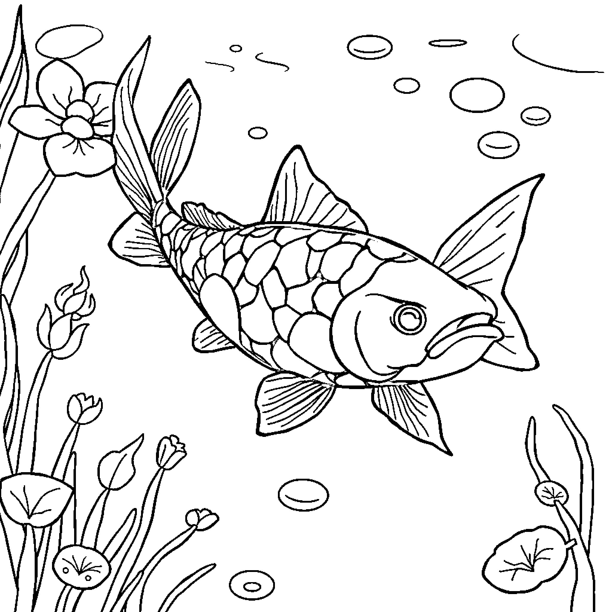 Fish swimming amongst underwater flowers Coloring Page (free black-and-white line drawing printable PDF for all, from beginners to advanced learners, including children, teens, adults, and seniors)